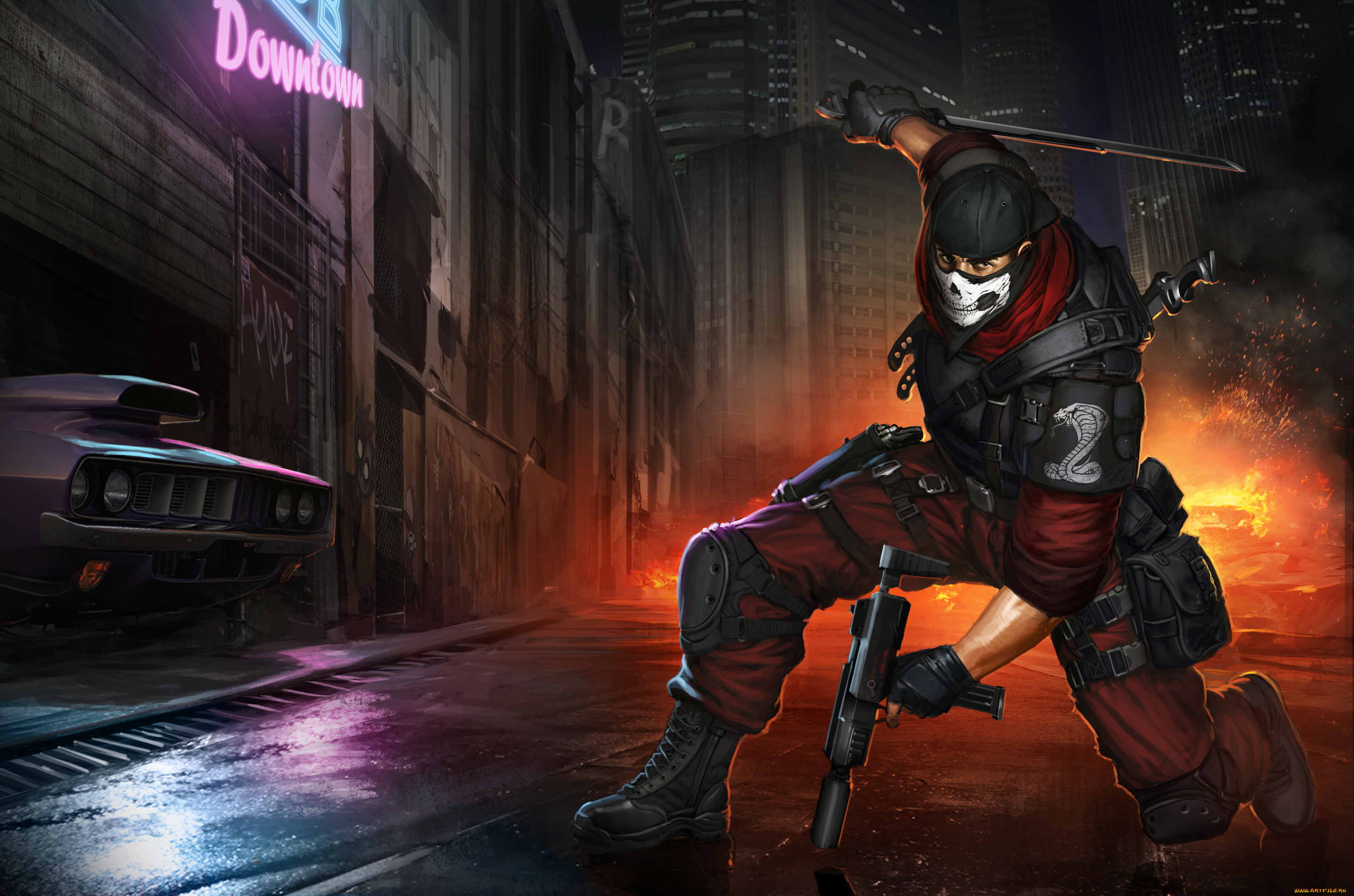 фэнтези, люди, оружие, поза, огонь, улица, взгляд, арт, маска