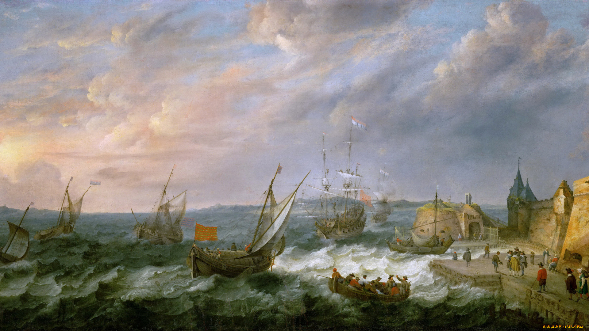 adam, willaerts, рисованное, живопись, картина, морской, порт, люди, шторм, море, пейзаж