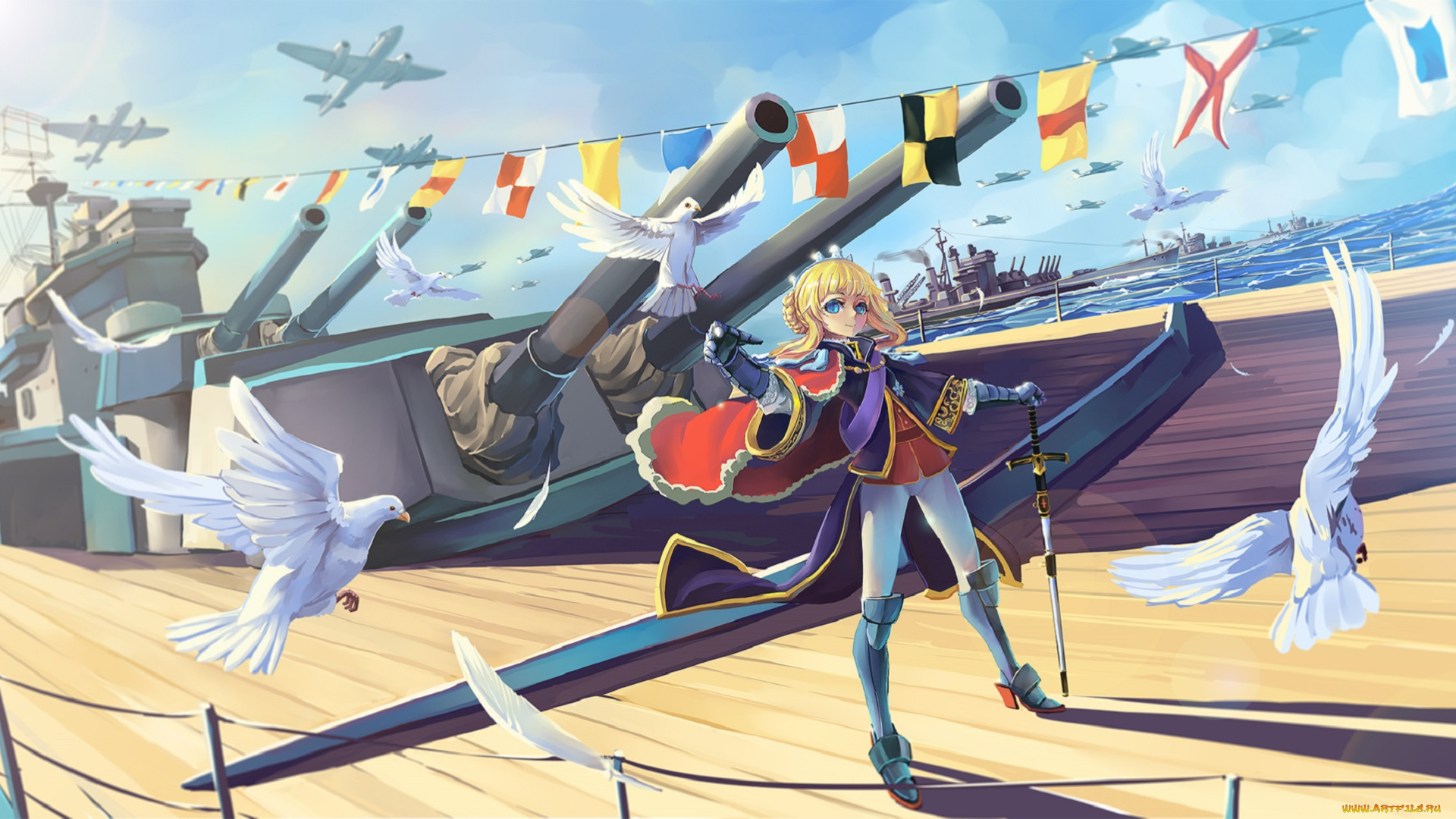аниме, kantai, collection, девушка, sima, naoteng, арт, голуби, самолёты, птицы, флажки, небо, character, kantai, collection, tagme