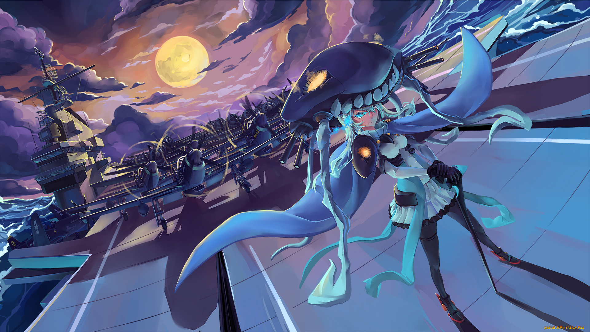 аниме, kantai, collection, облака, луна, ночь, небо, самолёты, девушка, арт, sima, naoteng, wo-class, aircraft, carrier, kantai, collection