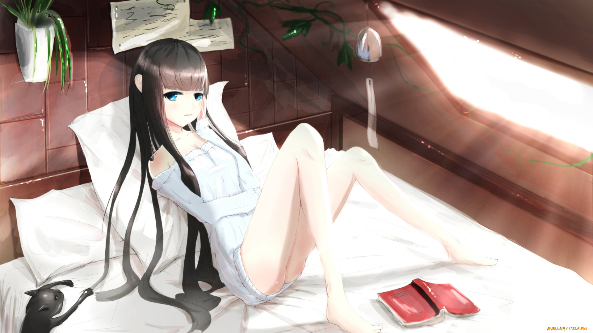 аниме, kikivi, , artbook, книга, кошка, девушка, постель, арт, kikivi