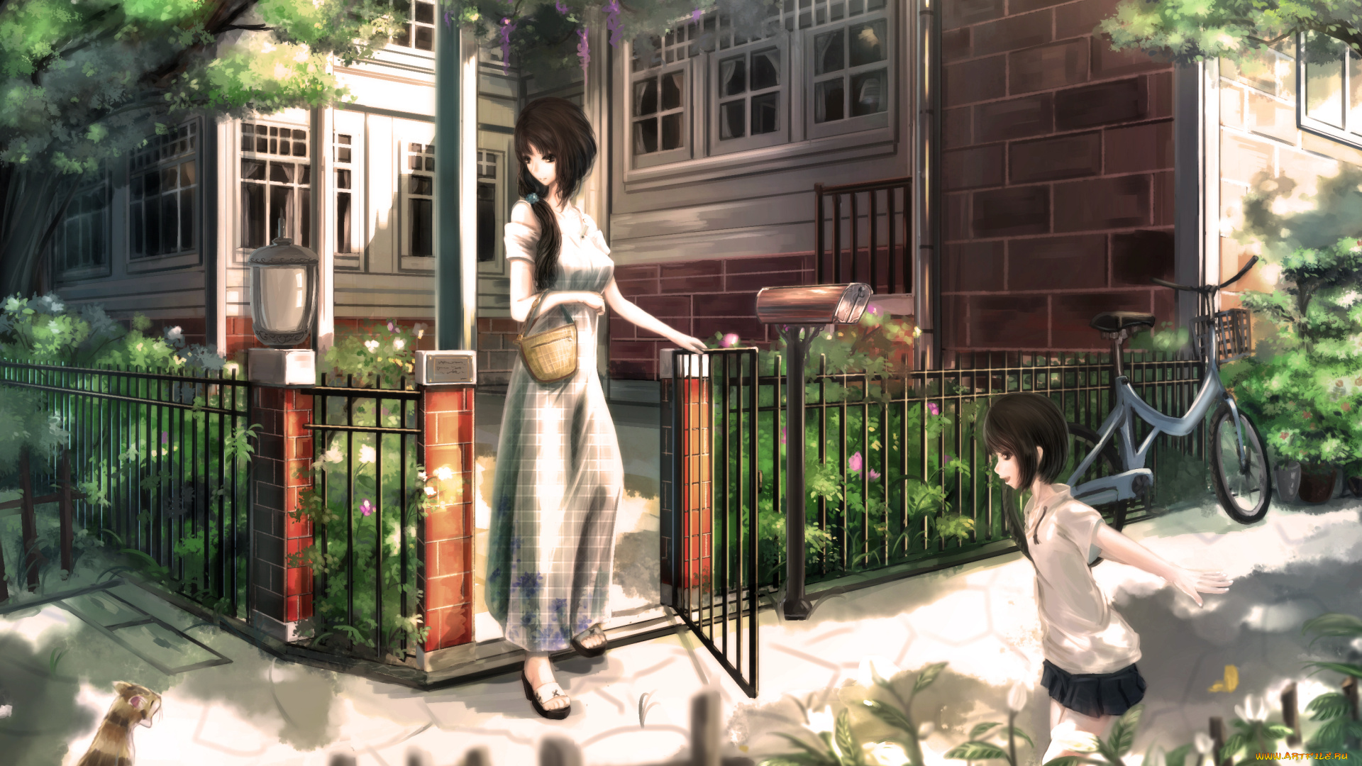 аниме, kikivi, , artbook, кот, велосипед, забор, девушка, лето, улица, kikivi, арт, девочка