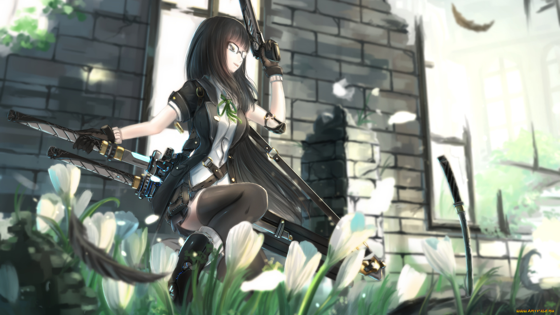 аниме, kikivi, , artbook, оружие, мечи, девушка, арт, kikivi, цветы