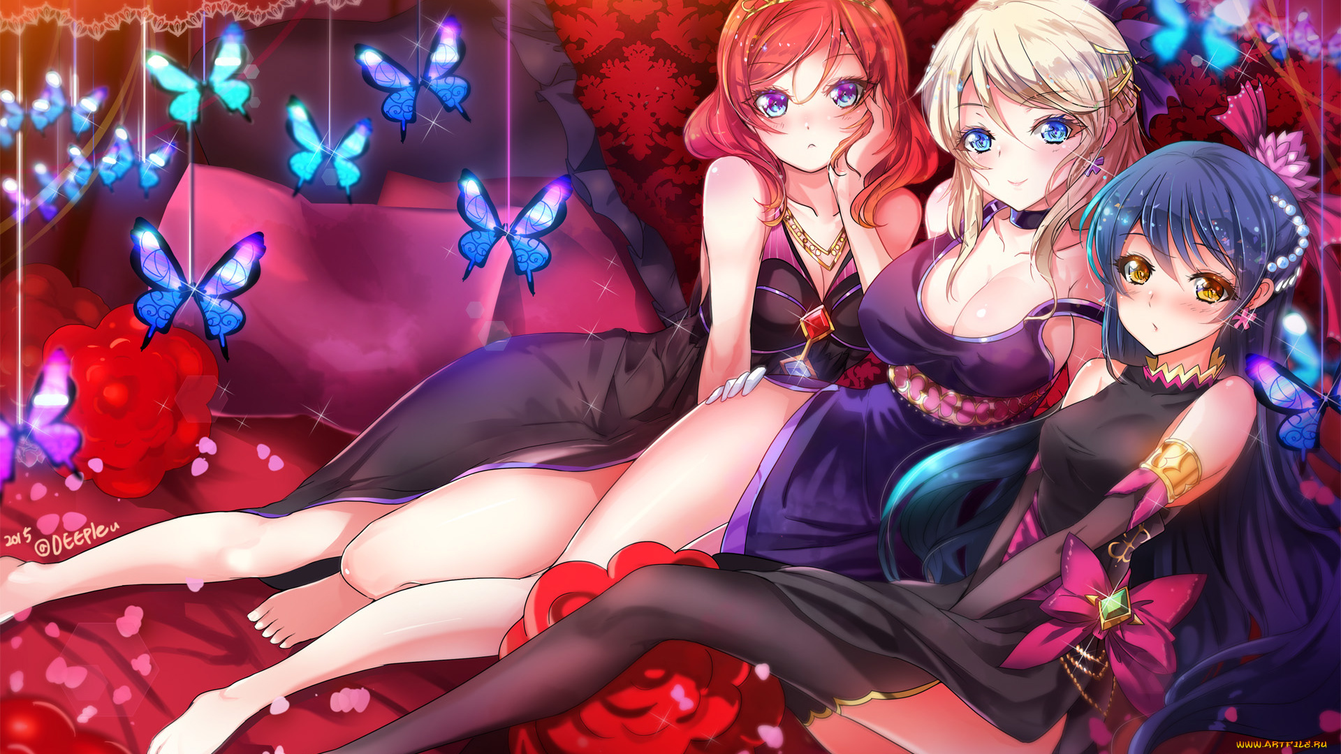 аниме, love, live, , school, idol, project, sonoda, umi, арт, бабочки, deeple, сayase, eri, цветы, love, live, school, idol, project, nishikino, maki, девушки