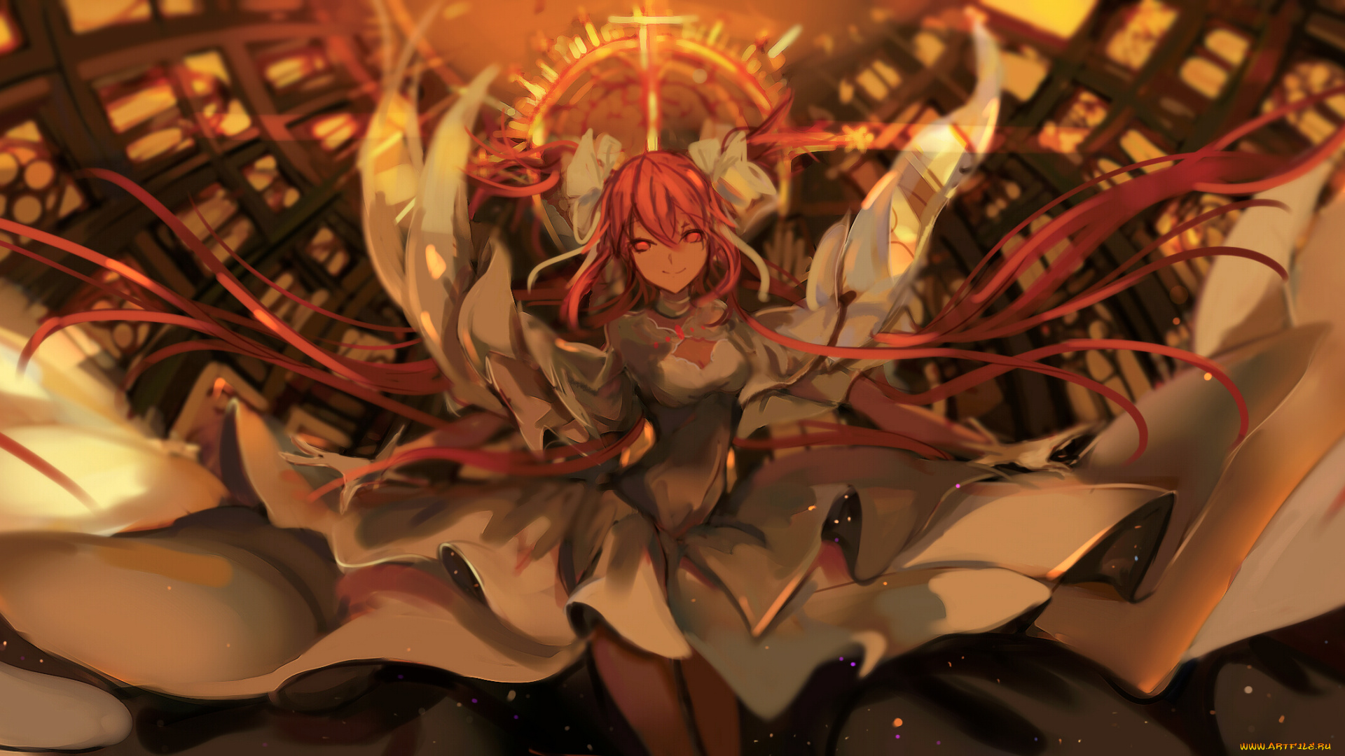 аниме, mahou, shoujo, madoka, magika, jiecao, окна, goddess, madoka, kaname, бант, девушка, платье, перчатки, свет