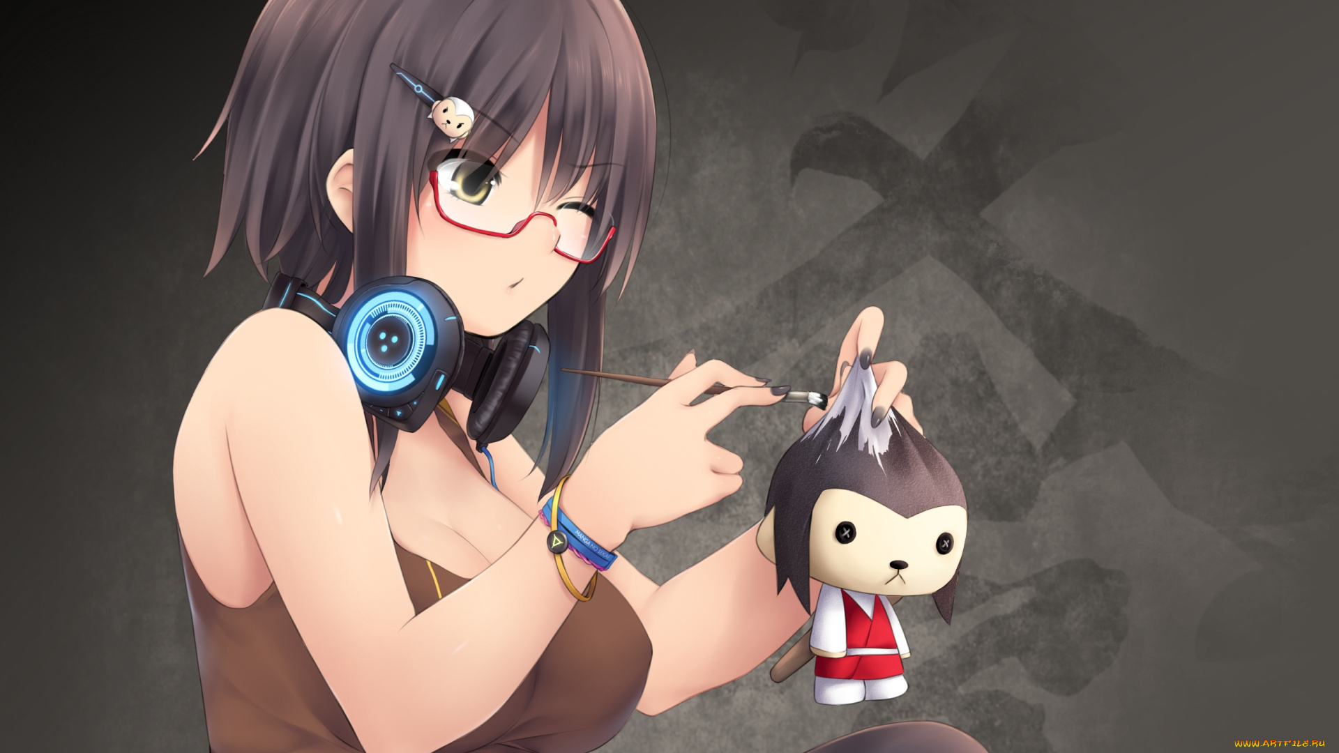 аниме, музыка, наушники, игрушка, девушка, арт, kopianget