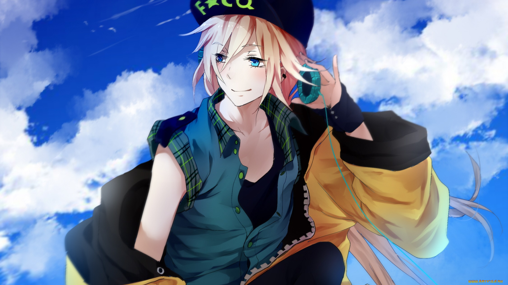 аниме, музыка, небо, девушка, арт, облака