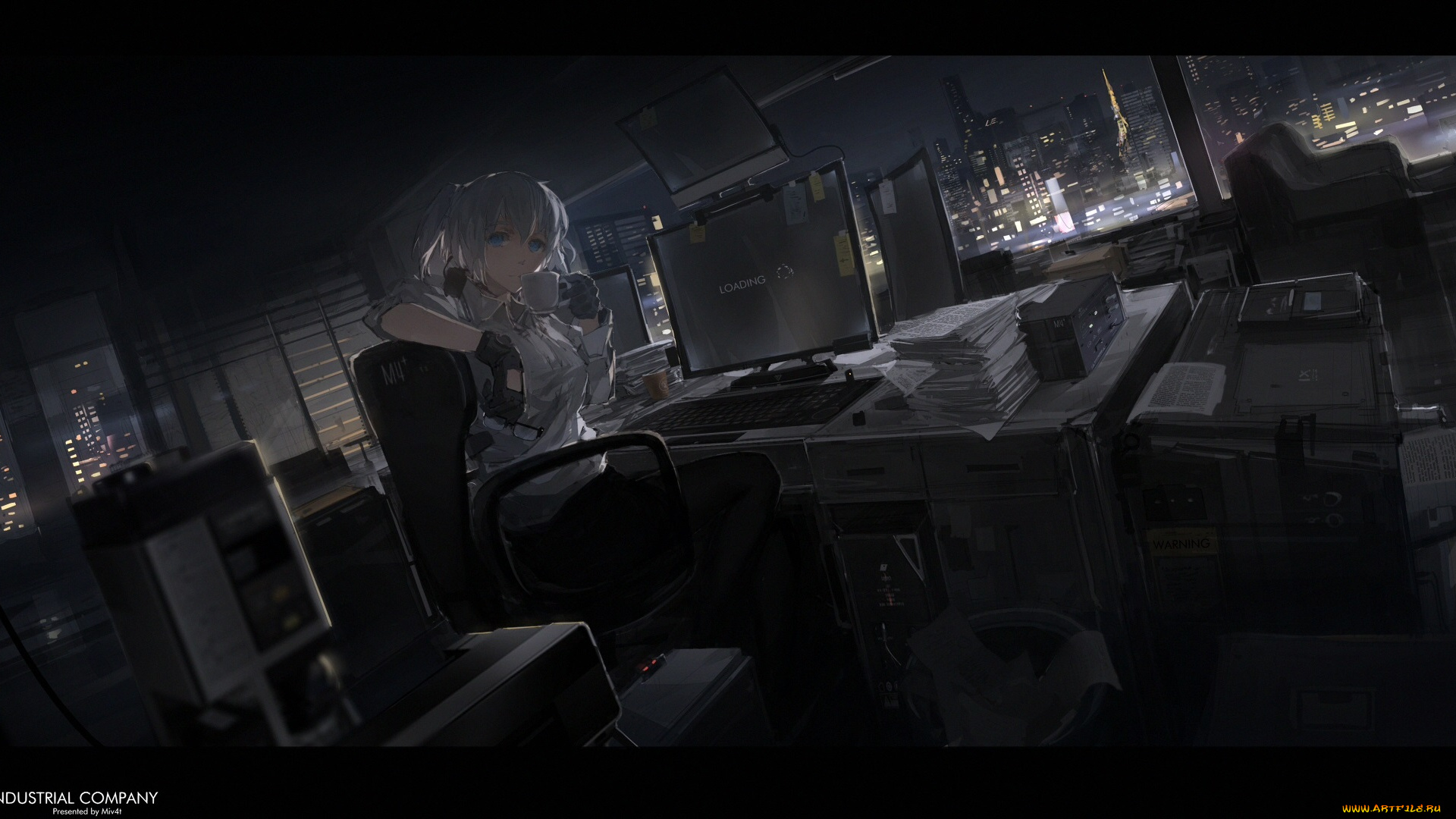 аниме, оружие, , техника, , технологии, ночь, офис, девушка, арт, mivit, мрак