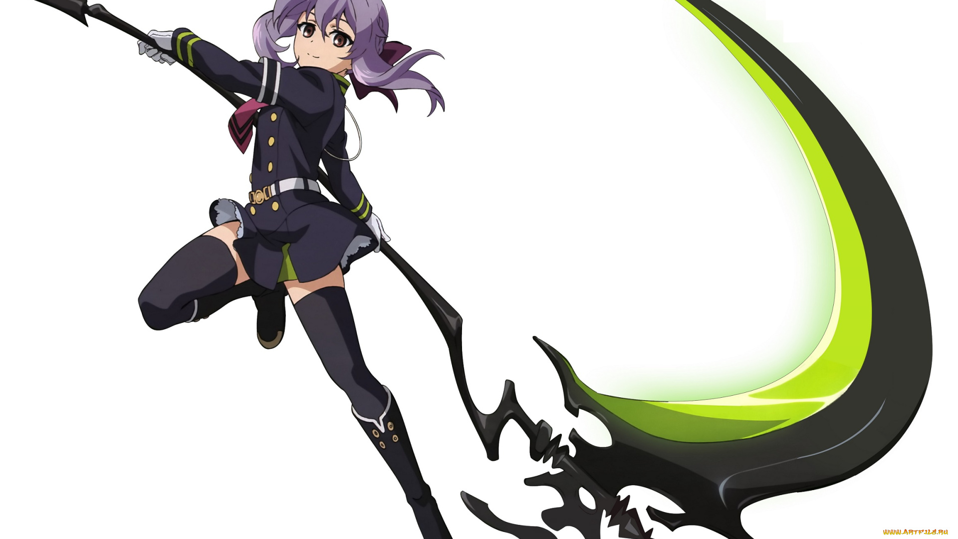 аниме, owari, no, seraph, оружие, коса, арт, белый, фон, последний, серафим, девушка