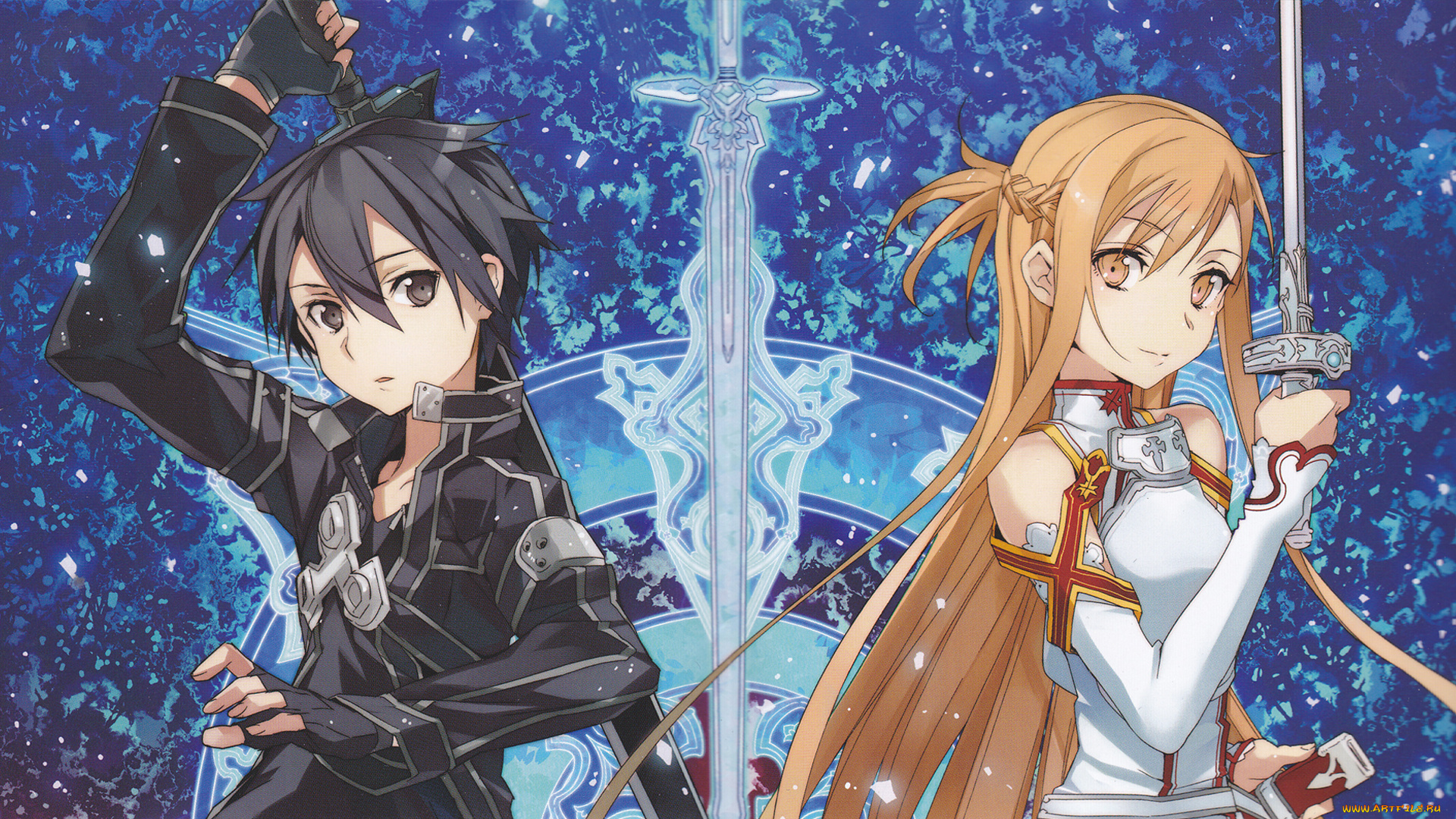 аниме, sword, art, online, девушка, парень, asuna, kirito, art, sword, online, оружие, мечи