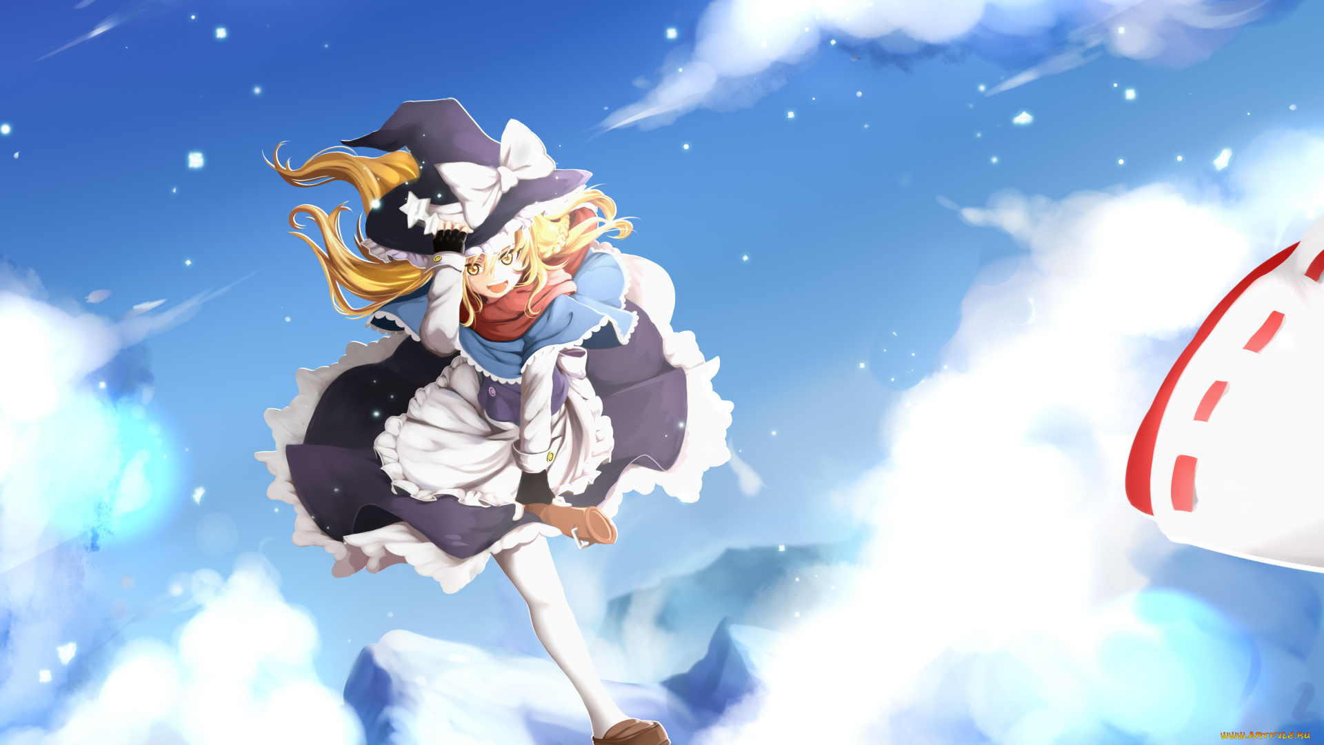 аниме, touhou, арт, девочка, небо, tendo, zhazhatiantong, kirisame, marisa, hakurei, reimu