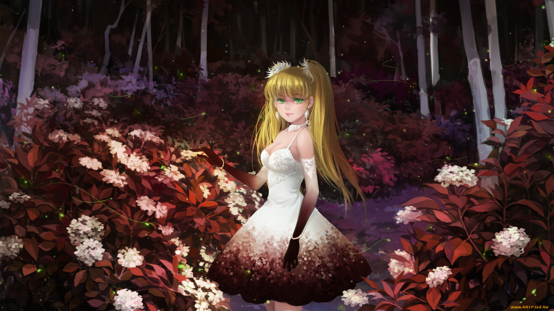 аниме, unknown, , другое, лес, платье, девушка, huazha01, арт, ночь, цветы, кусты, темно