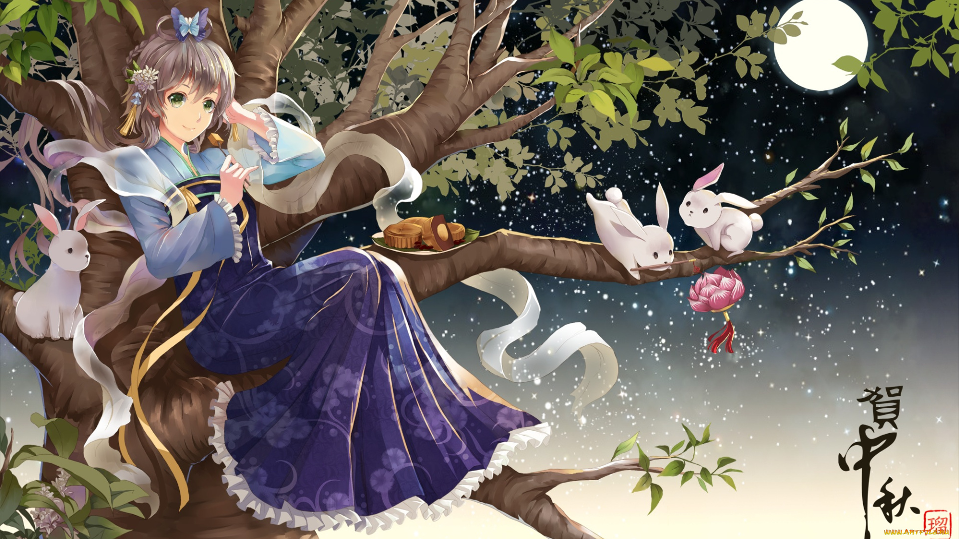 аниме, vocaloid, арт, кролики, ryuu32, дерево, луна, кексы, ночь, luo, tianyi, девушка