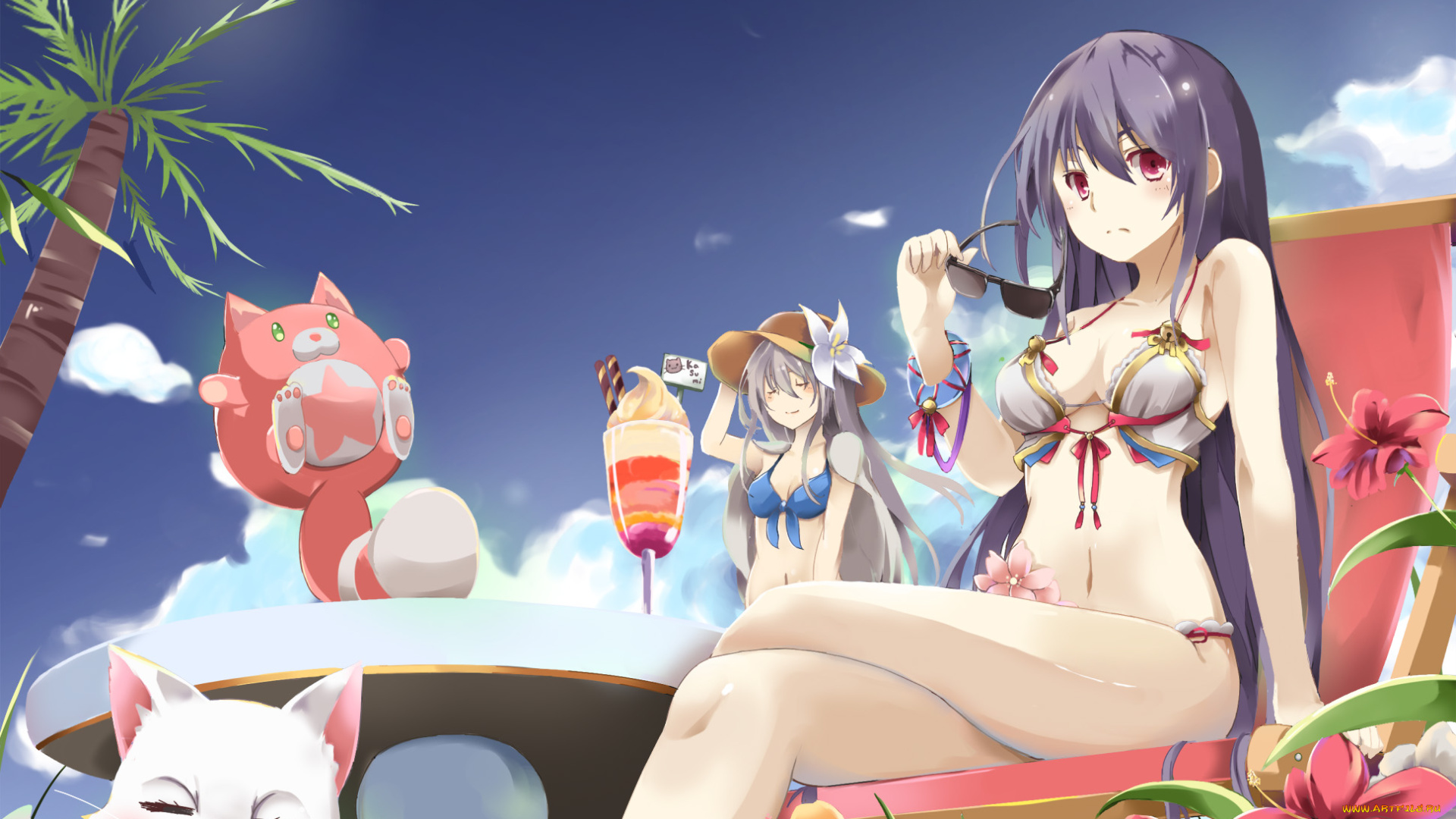 аниме, животные, , существа, небо, лето, пляж, арт, shironeko, project, девушки, пальма, цветы, котёнок, кот, десерт