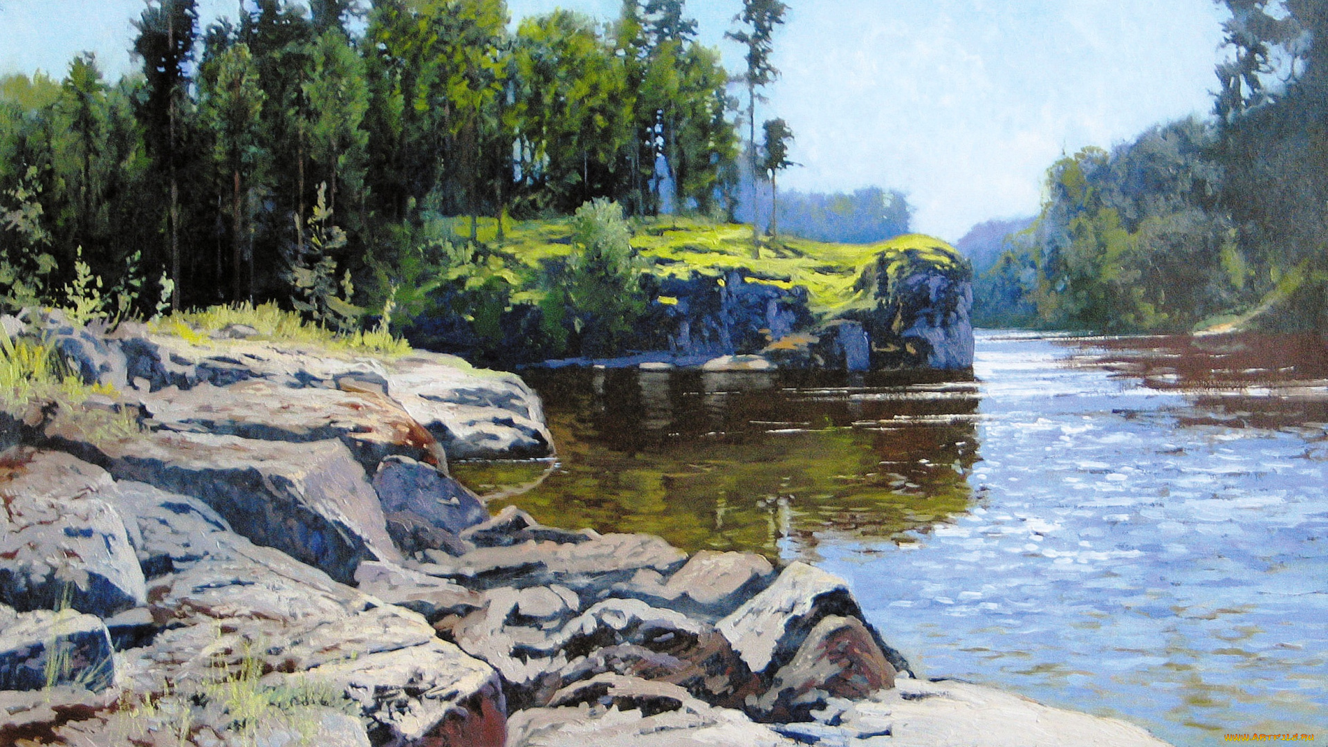 бухта, дивная, рисованное, александр, афонин, лес, деревья, берега, камни, вода