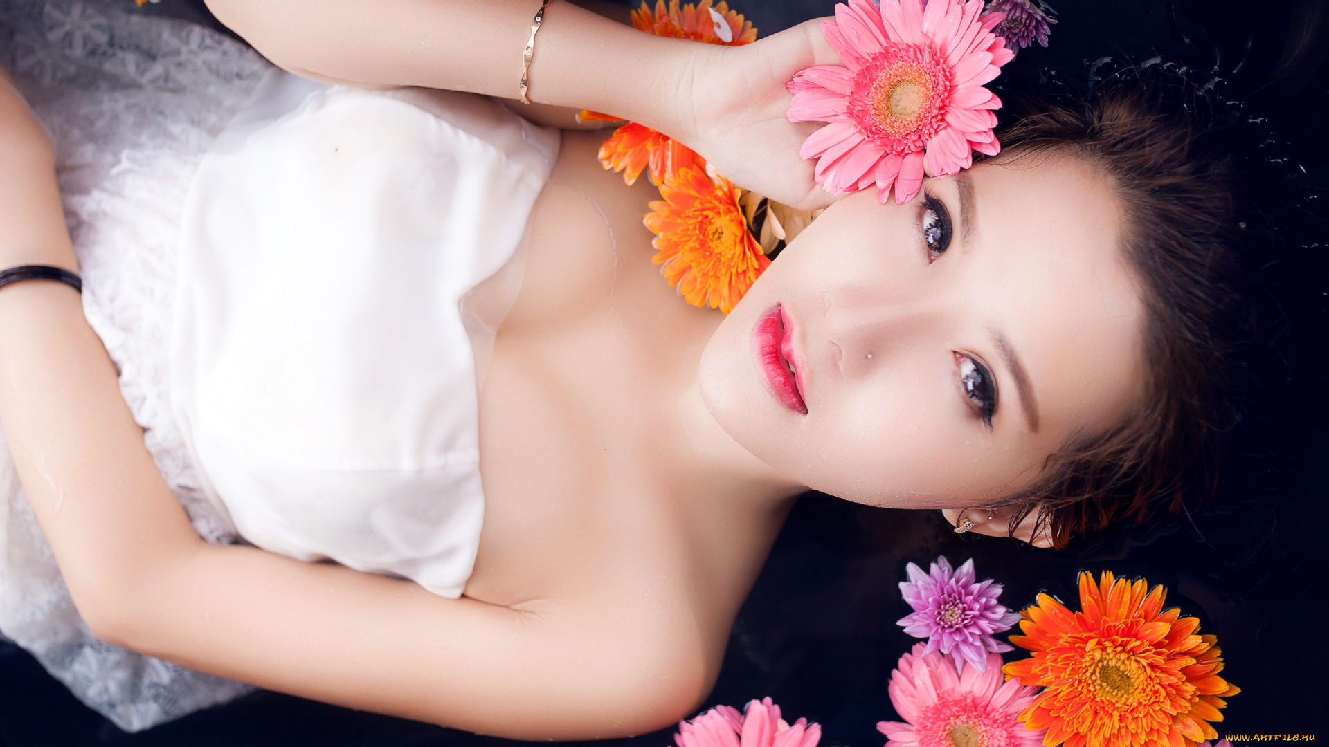 девушки, -unsort, , азиатки, девушка, вода, цветы