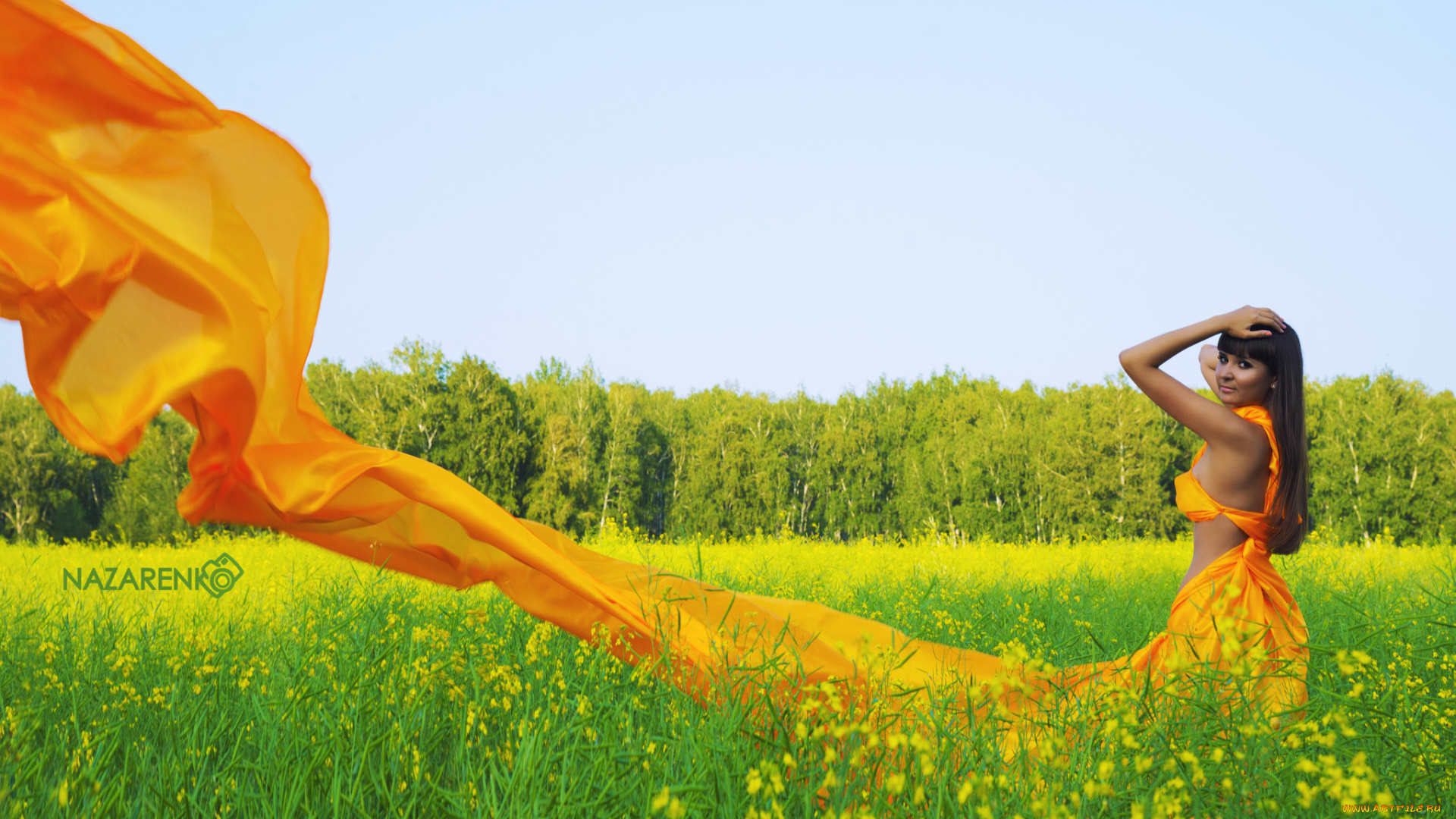 девушки, -unsort, , брюнетки, , шатенки, развевает, платье, ветер, настроение, мулатка, брюнетка, девушка, зелень, трава, поле, деревья, лес, лето