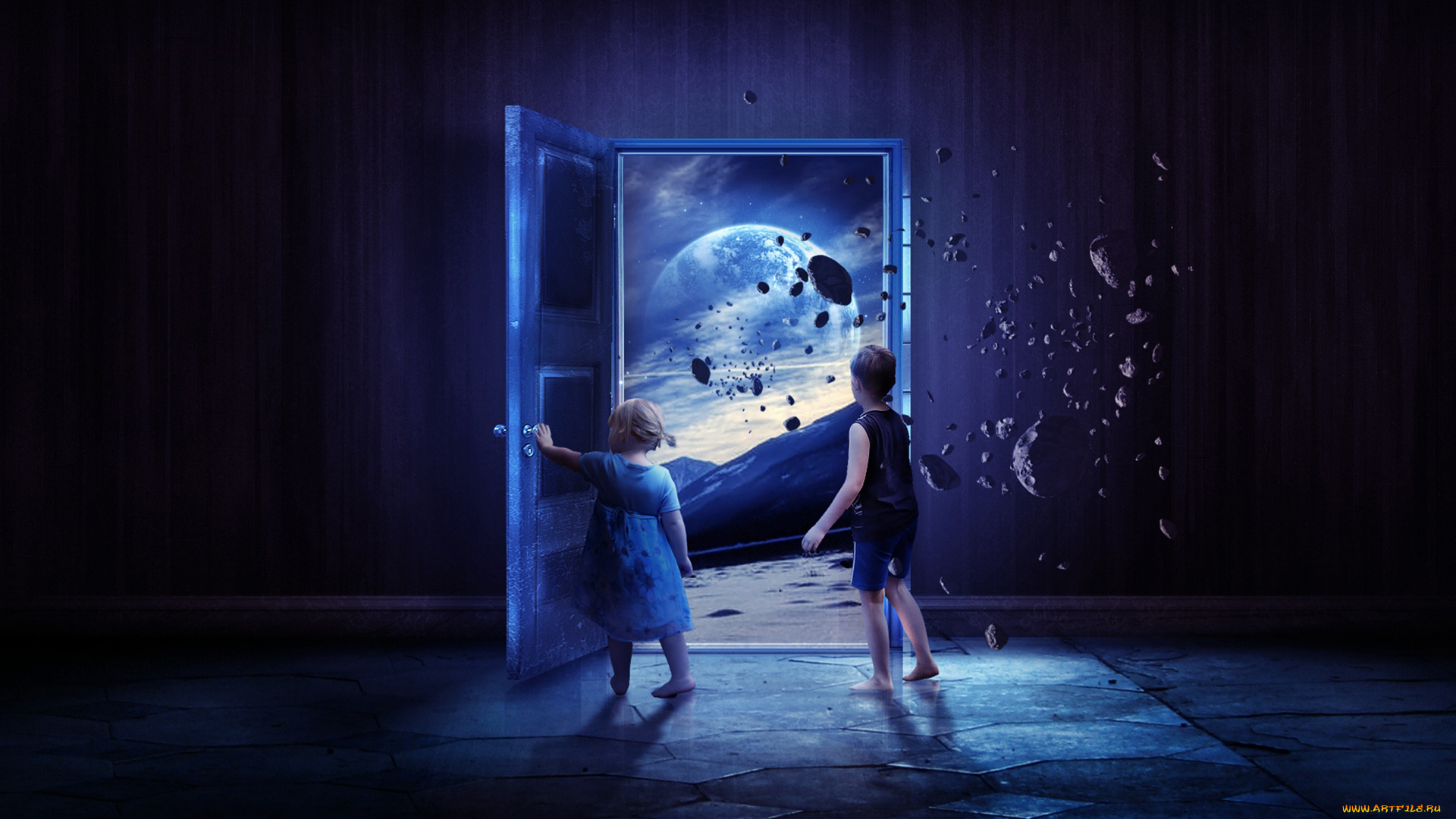 фэнтези, фотоарт, девочка, мальчик, дверь, путь, космос, планета, камни