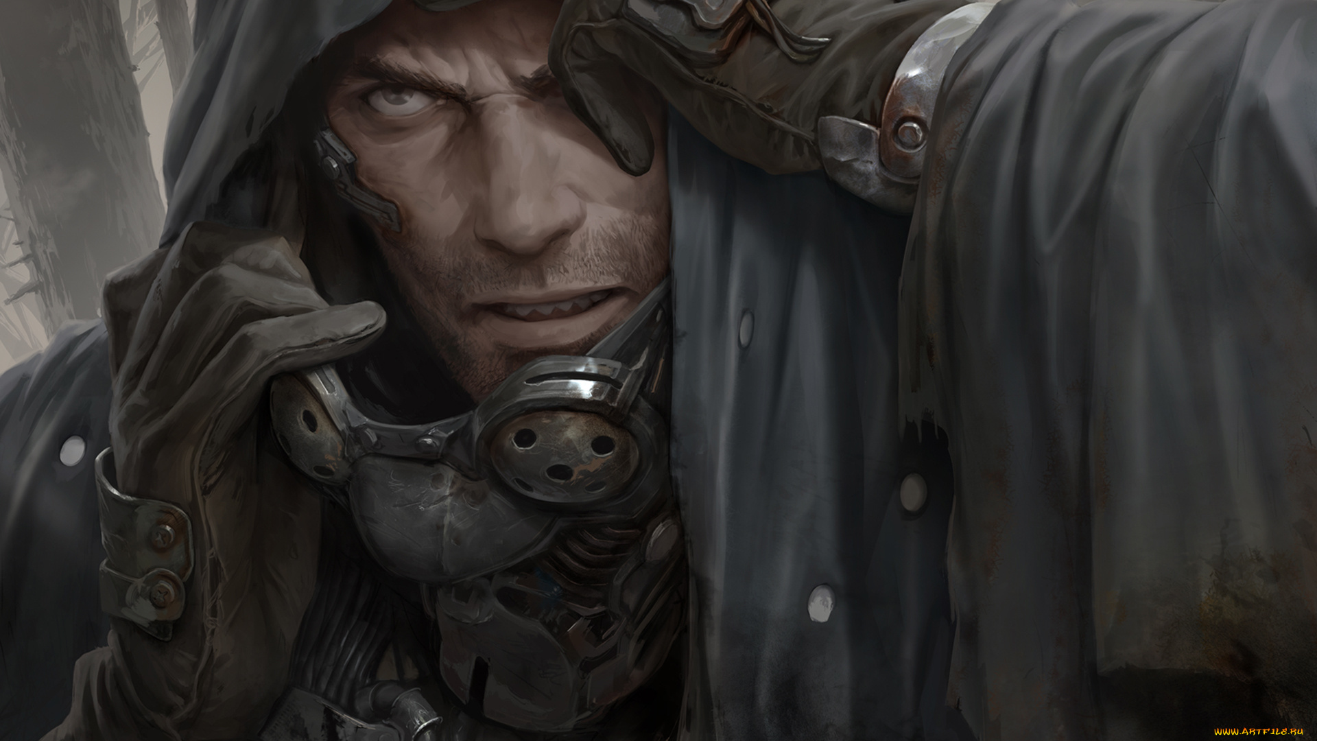 фэнтези, люди, мужчина, взгляд, лицо, очки, капюшон, плащ, фантастика