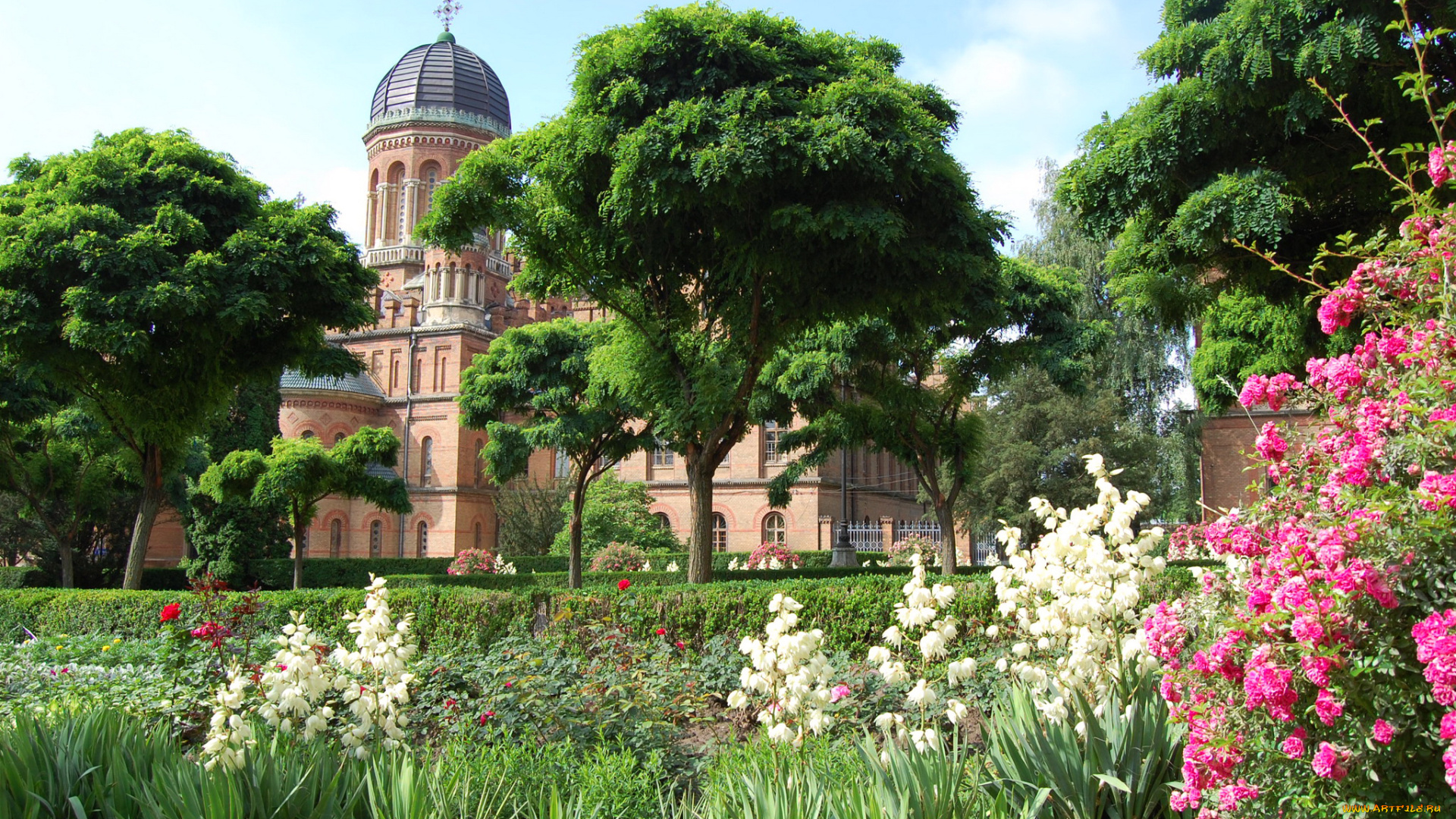 города, -, православные, церкви, , монастыри, деревья, сад, собор, храм, Черновцы, украина, кусты, трава, цветы