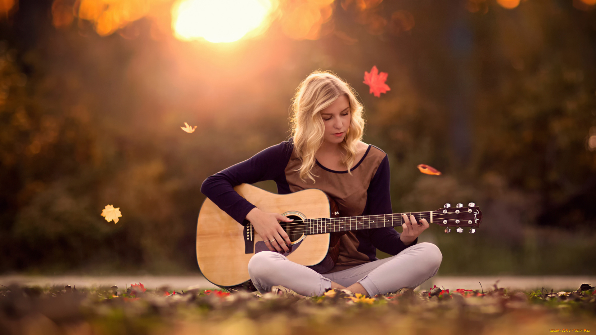 музыка, -, другое, гитара, осень, девушка
