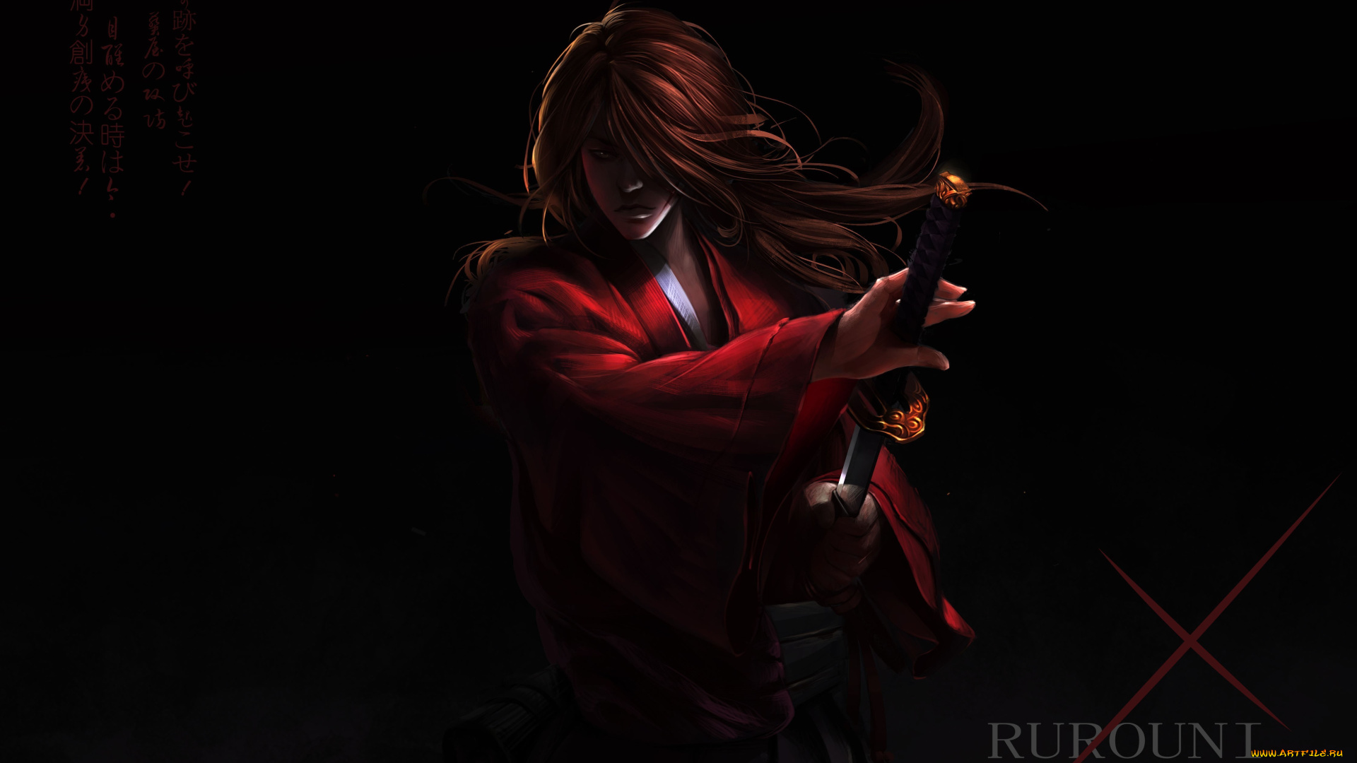 разное, арты, арт, rurouni, kenshin, странник, кеншин, парень, кимоно, катана, меч, темно