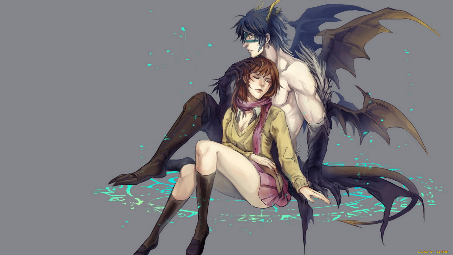 разное, арты, фон, арт, демон, парень, крылья, романтика, девушка