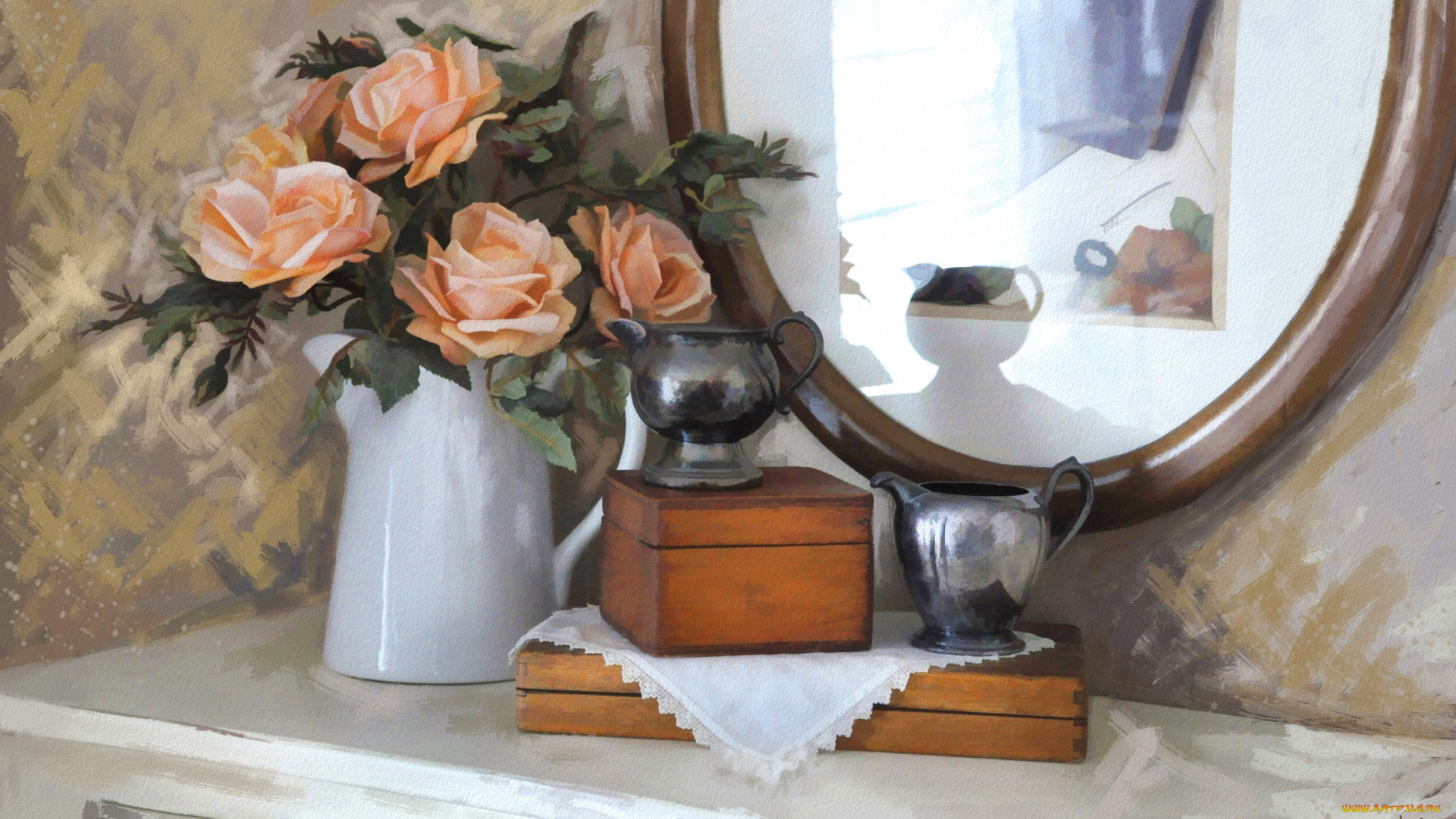 рисованное, цветы, розы, зеркало, текстура, букет