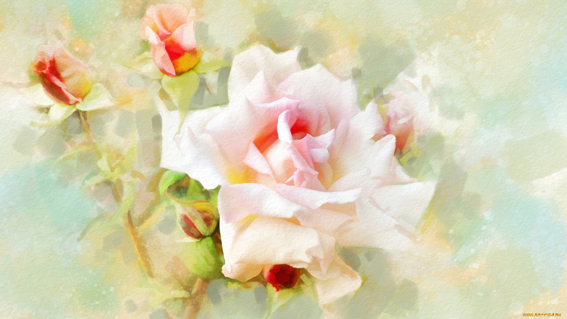 рисованное, цветы, текстура, бутоны, роза