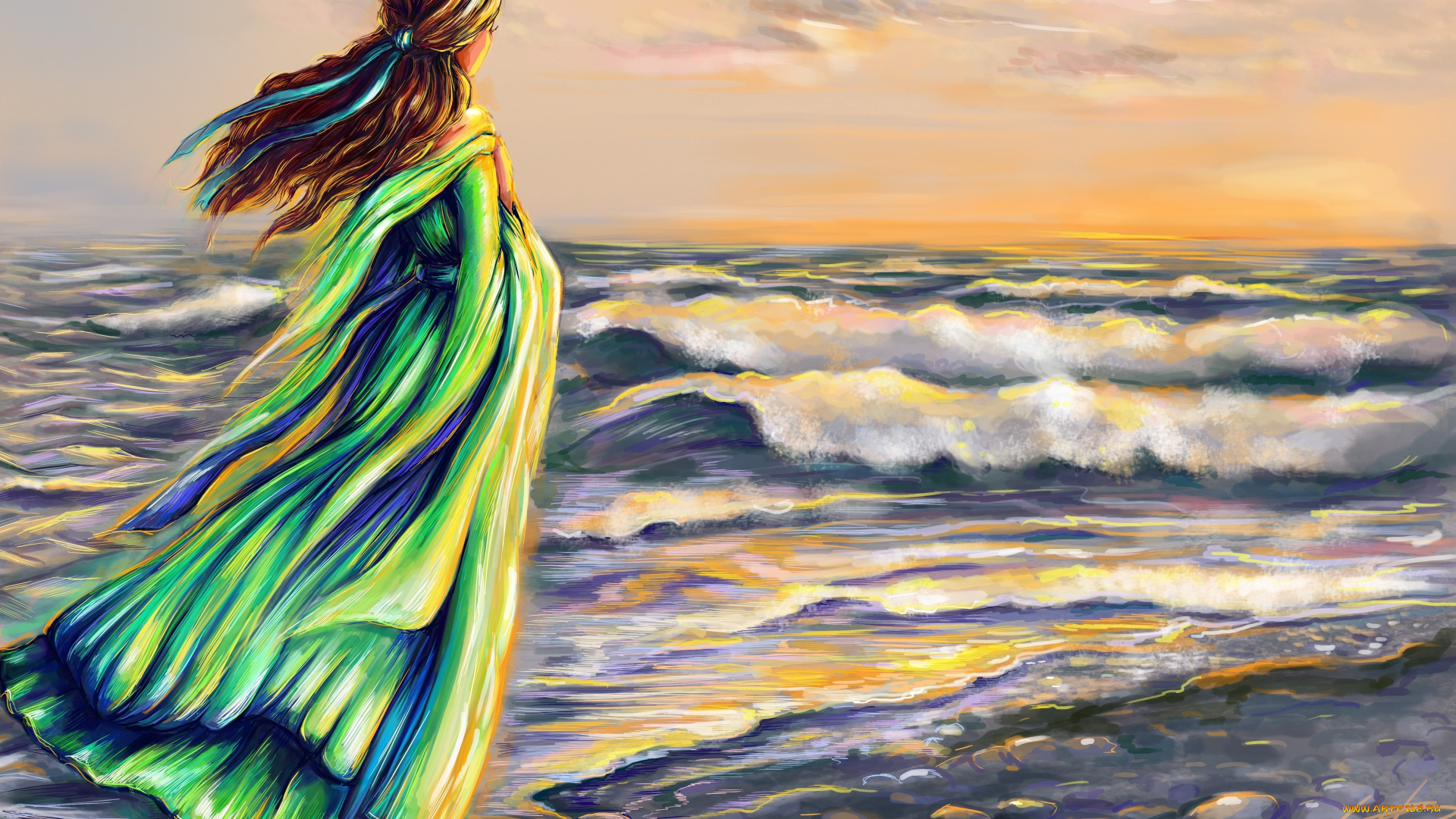 рисованное, люди, море, фон, взгляд, девушка