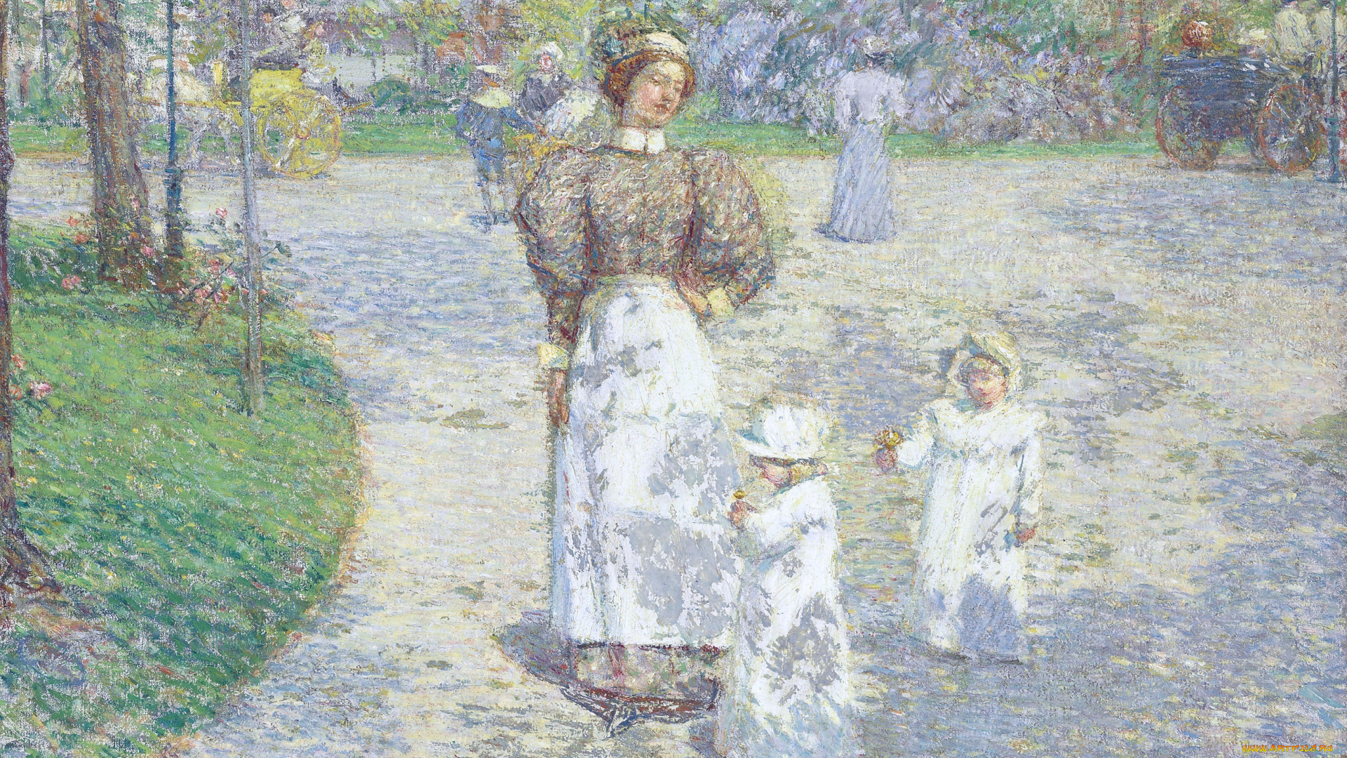 spring, in, central, park, рисованное, frederick, childe, hassam, дамы, дети, деревья, дорожки, парк