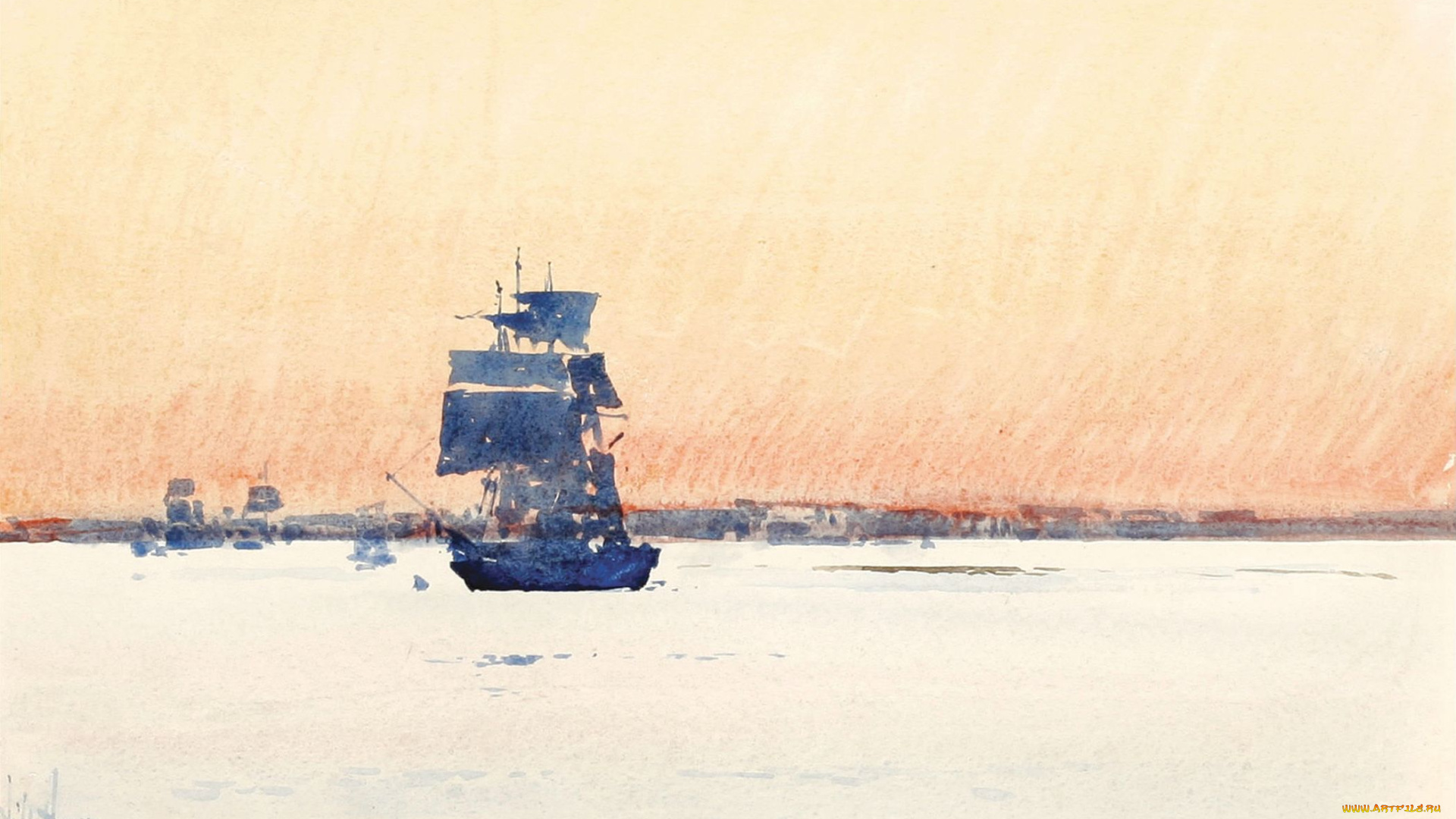 square, rigger, рисованное, frederick, childe, hassam, небо, парусники, корабли, море