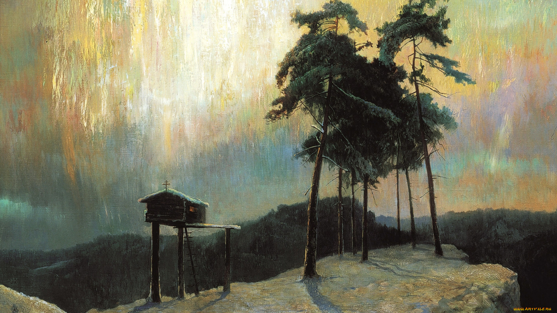 свет, и, во, тьме, светит, рисованное, александр, афонин, скала, избушка, деревья, северное, сияние