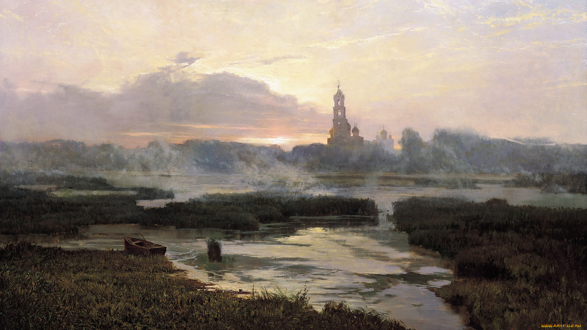 утро, серафимо-дивеевской, лавры, рисованное, александр, афонин, озеро, лодка, колокольня, рассвет, туман, трава, облака, небо