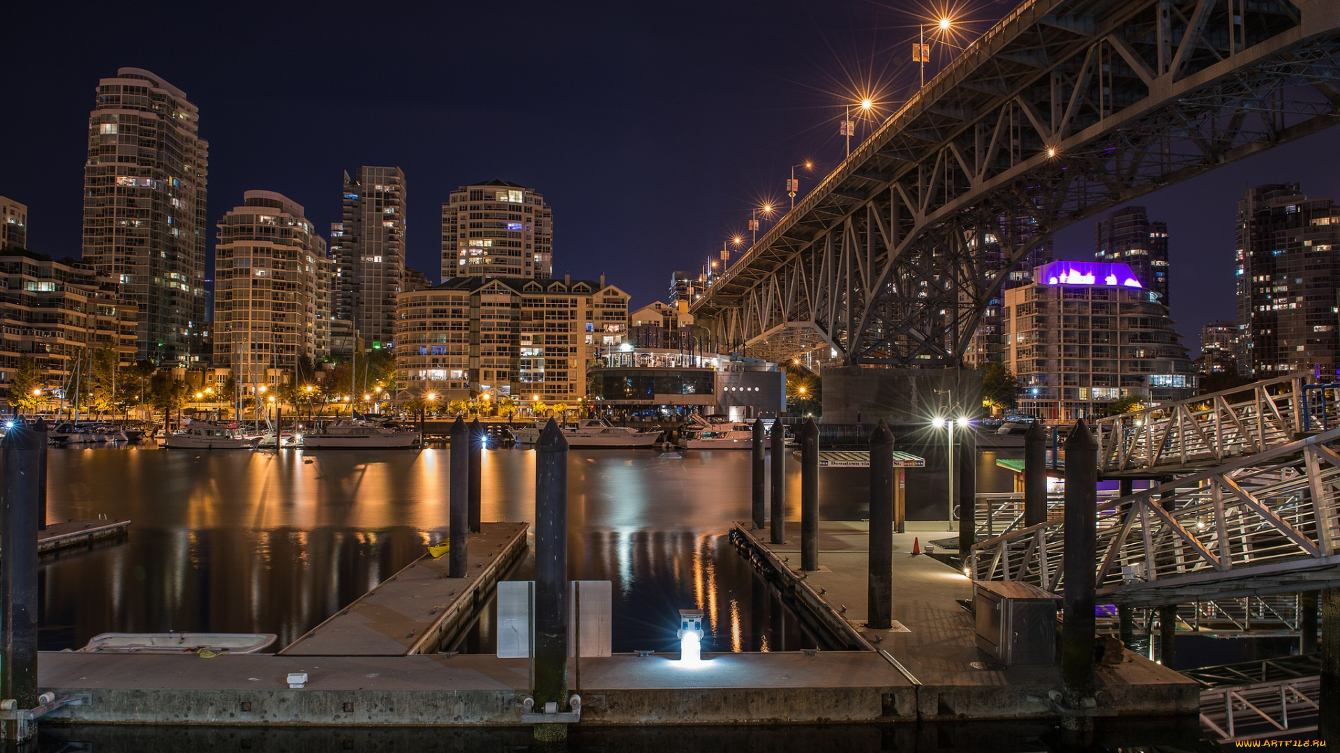 vancouver, города, ванкувер, , канада, огни, мрст, река, ночь