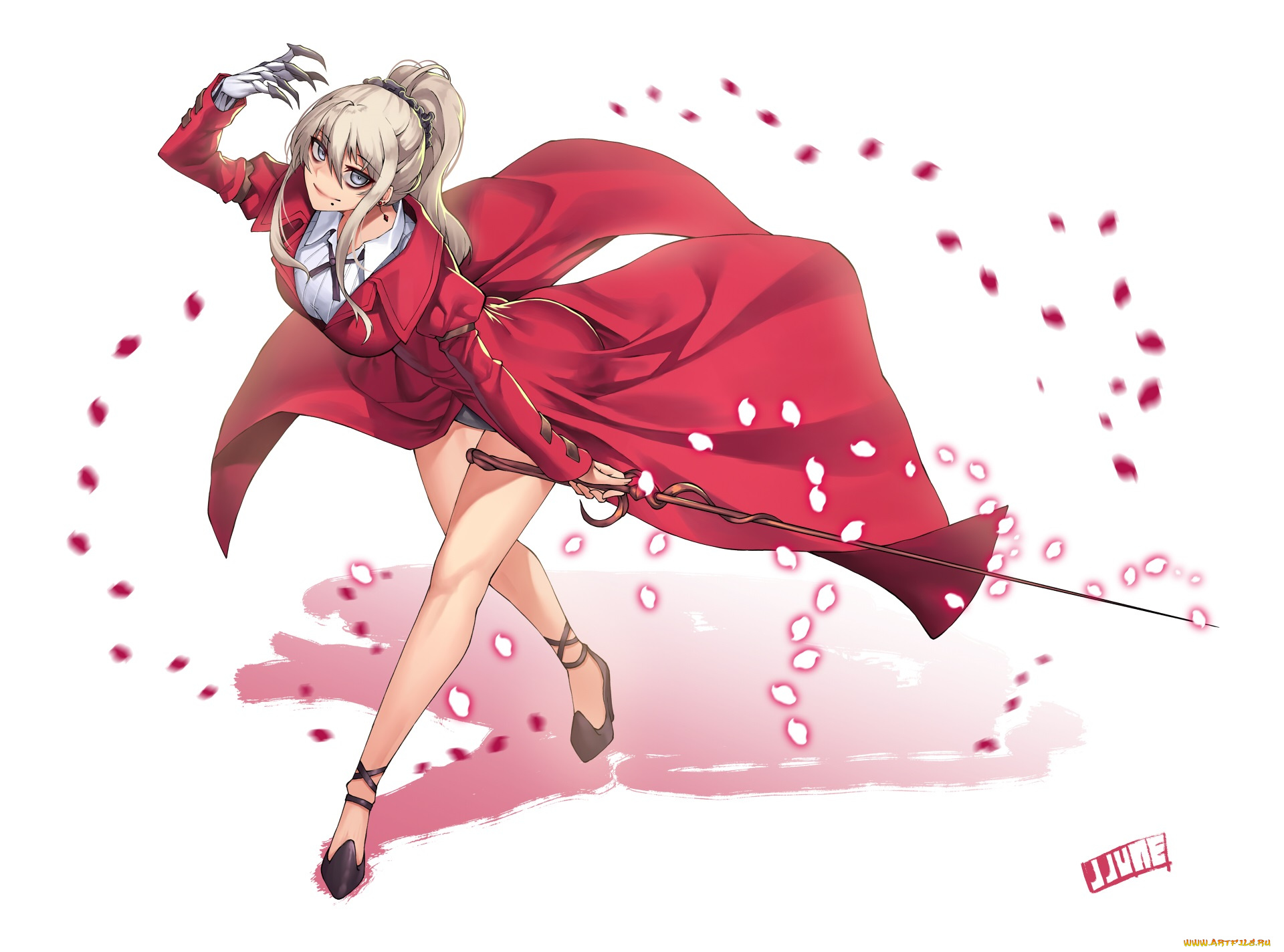 аниме, оружие, , техника, , технологии, рапира, jjune, арт, девушка, лепестки, плащ