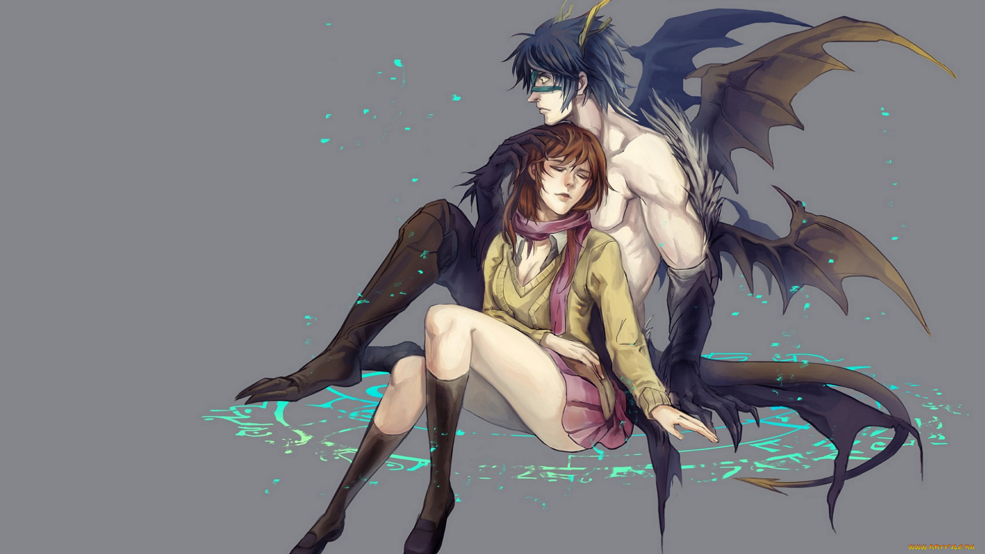 разное, арты, фон, арт, демон, парень, крылья, романтика, девушка