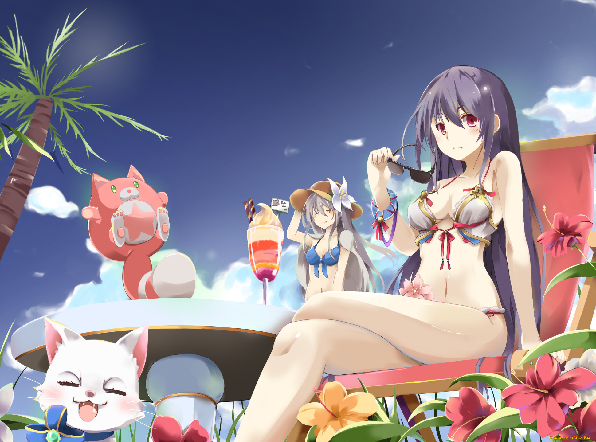 аниме, животные, , существа, небо, лето, пляж, арт, shironeko, project, девушки, пальма, цветы, котёнок, кот, десерт