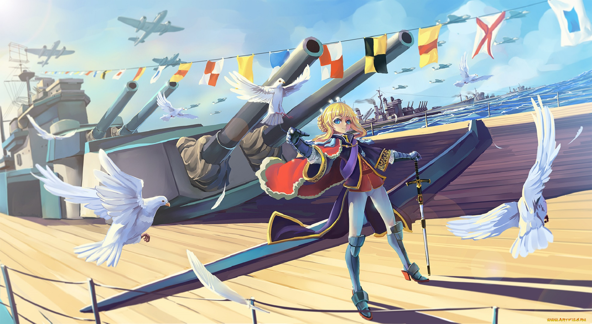 аниме, kantai, collection, девушка, sima, naoteng, арт, голуби, самолёты, птицы, флажки, небо, character, kantai, collection, tagme
