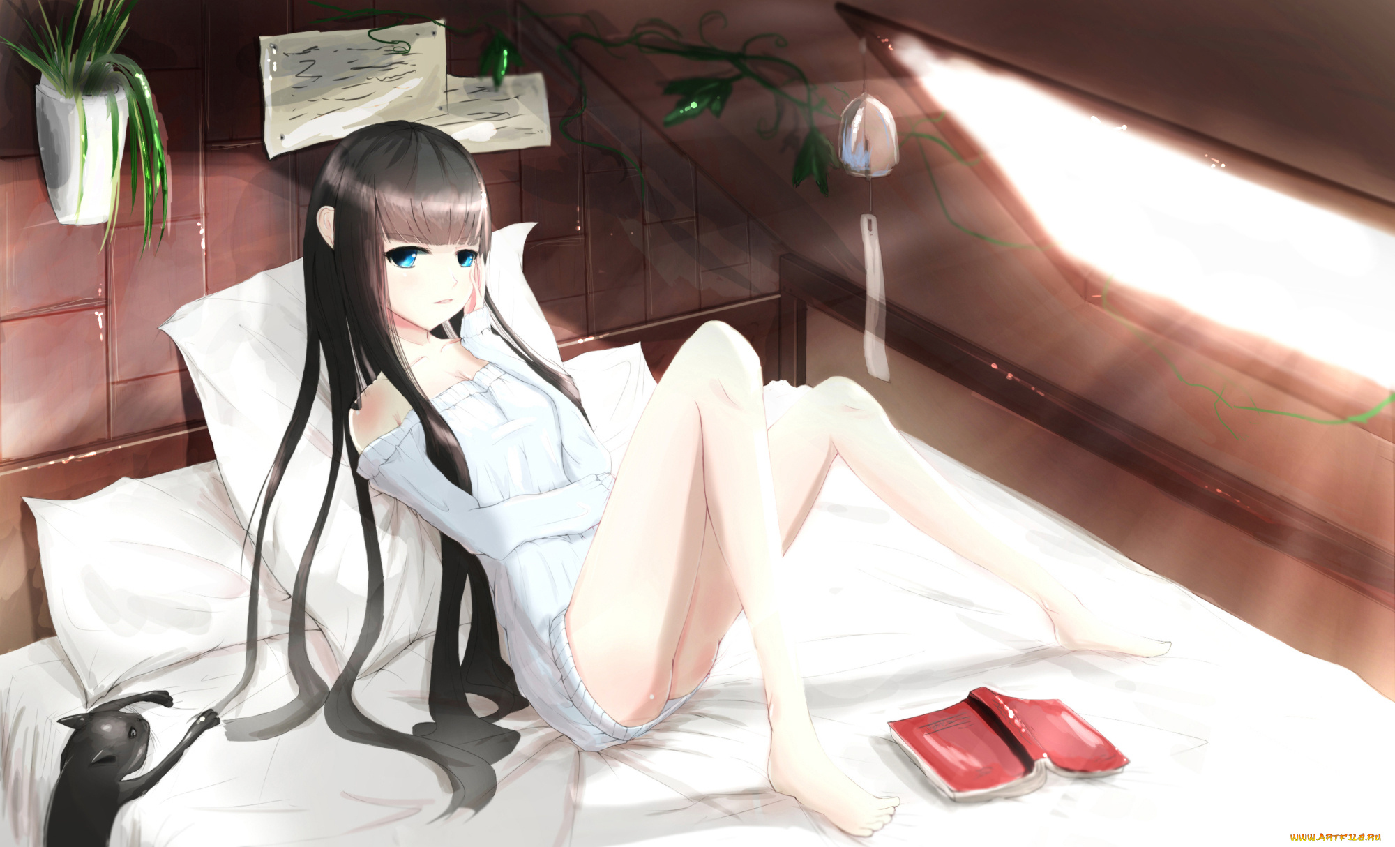 аниме, kikivi, , artbook, книга, кошка, девушка, постель, арт, kikivi