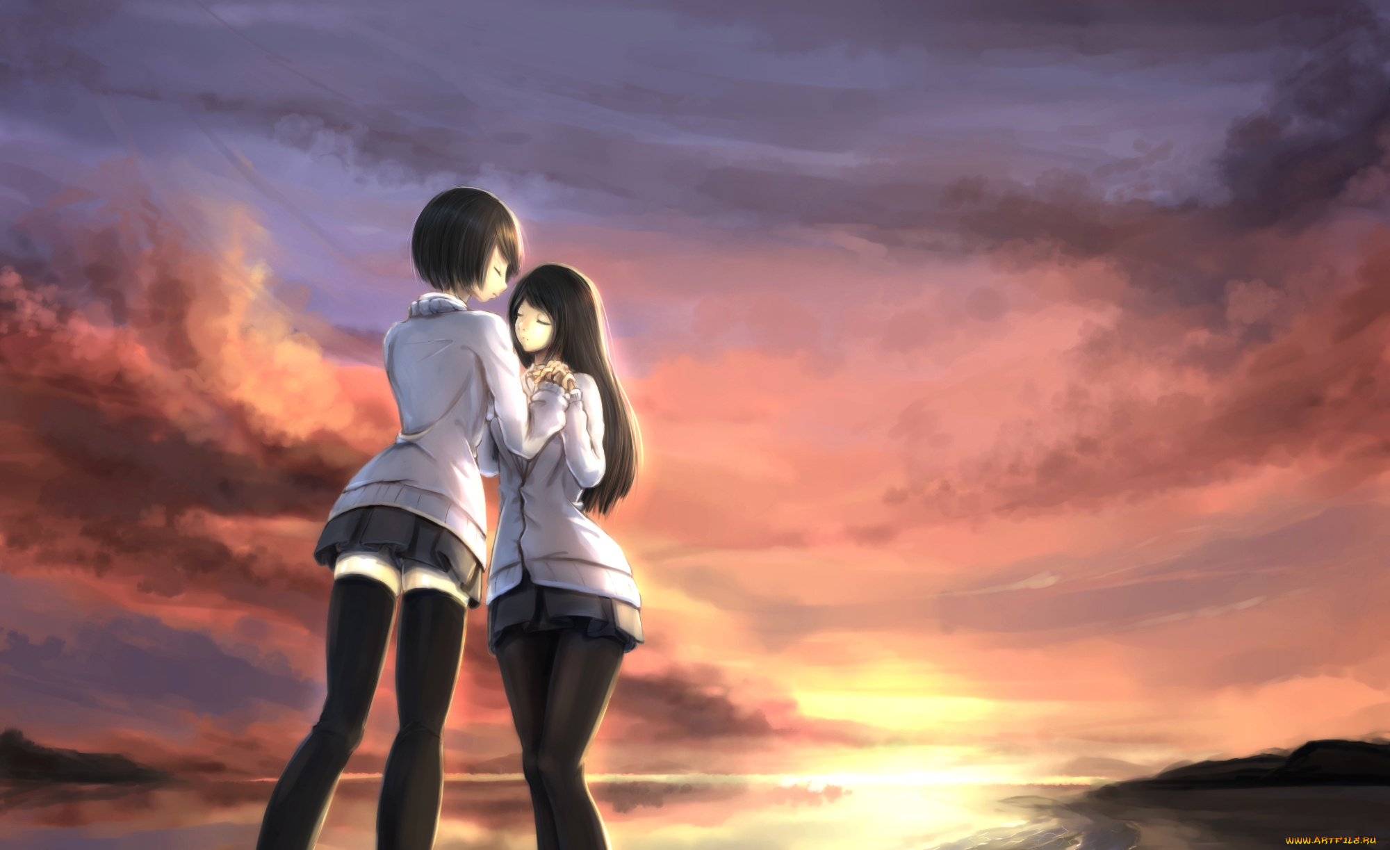 аниме, kikivi, , artbook, небо, девушки, арт, kikivi, закат