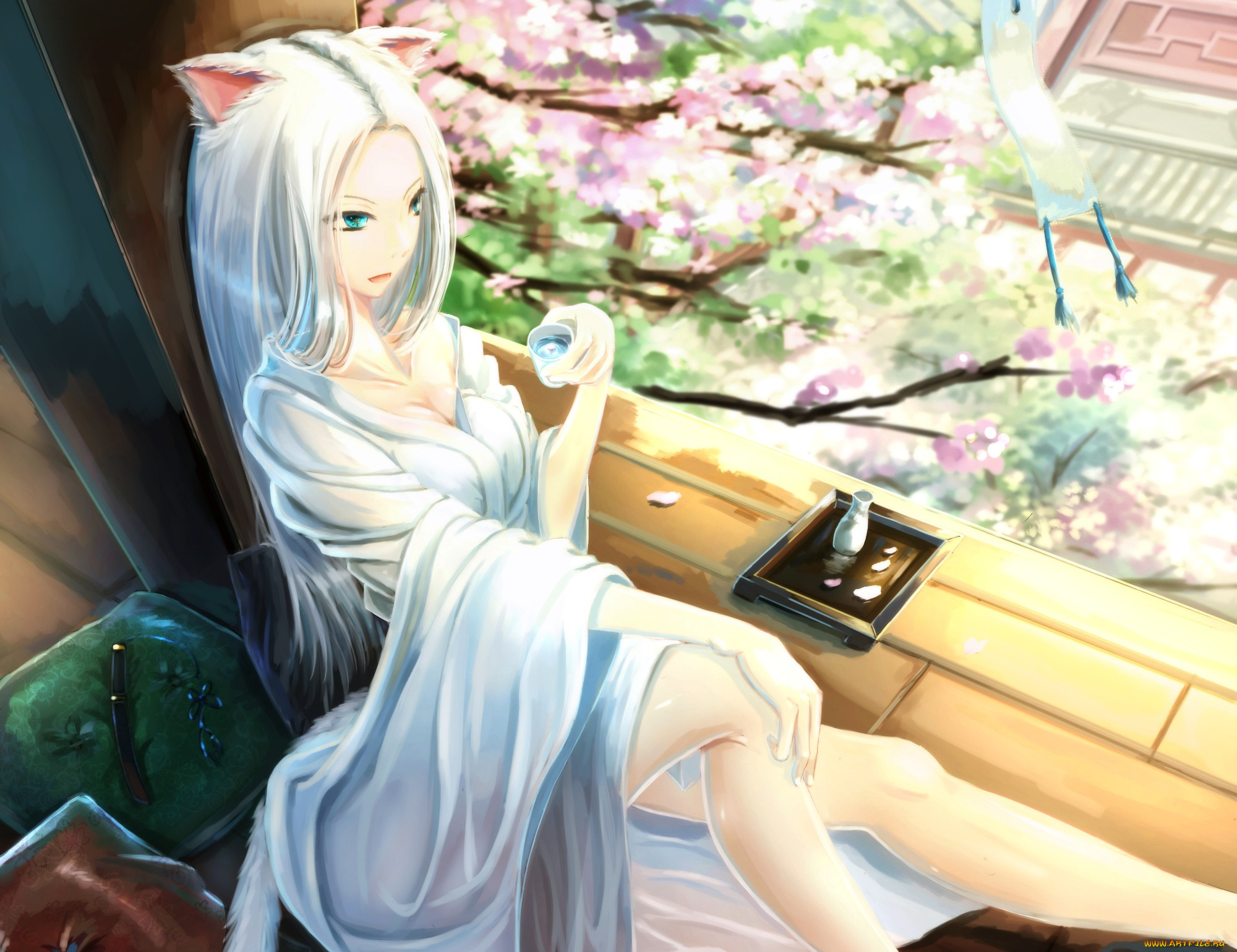 аниме, kikivi, , artbook, хвост, ушки, неко, поза, девушка, art, kikivi, сакура, напиток