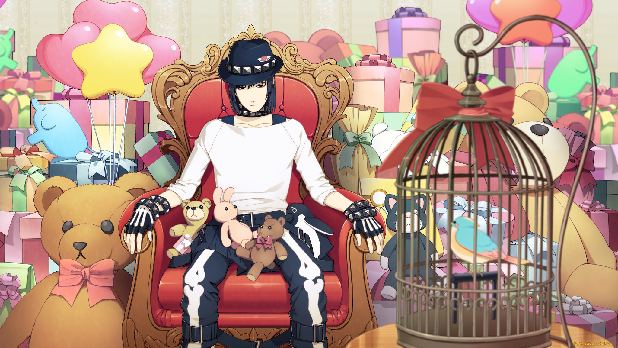 аниме, dramatical, murder, кресло, драматическое, убийство, sei, seragaki, dramatical, murder, honyarara, подарки, art, мишки, игрушки, плюшевые, шляпа, шары, воздушные, птичка, клетка