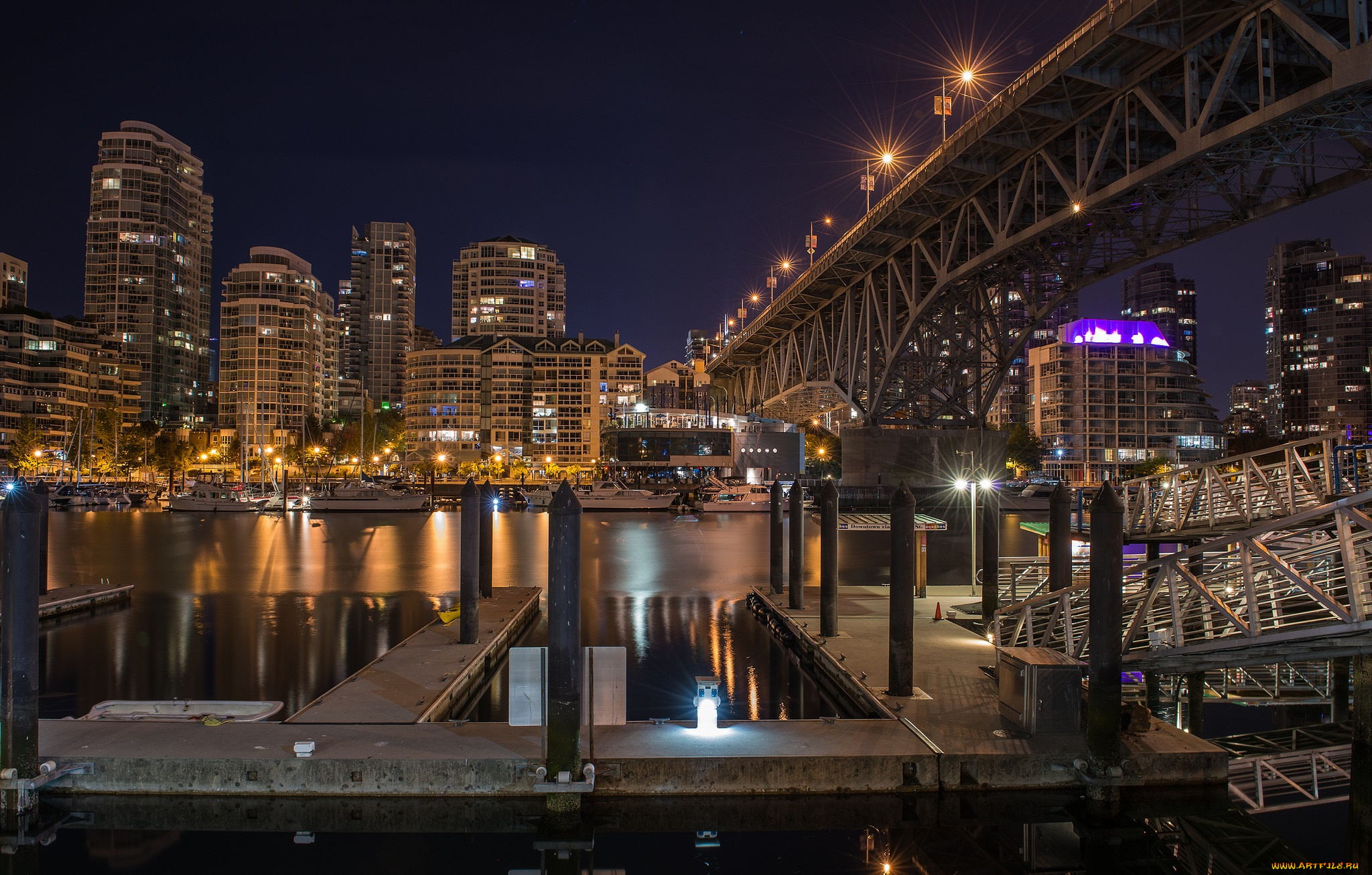 vancouver, города, ванкувер, , канада, огни, мрст, река, ночь