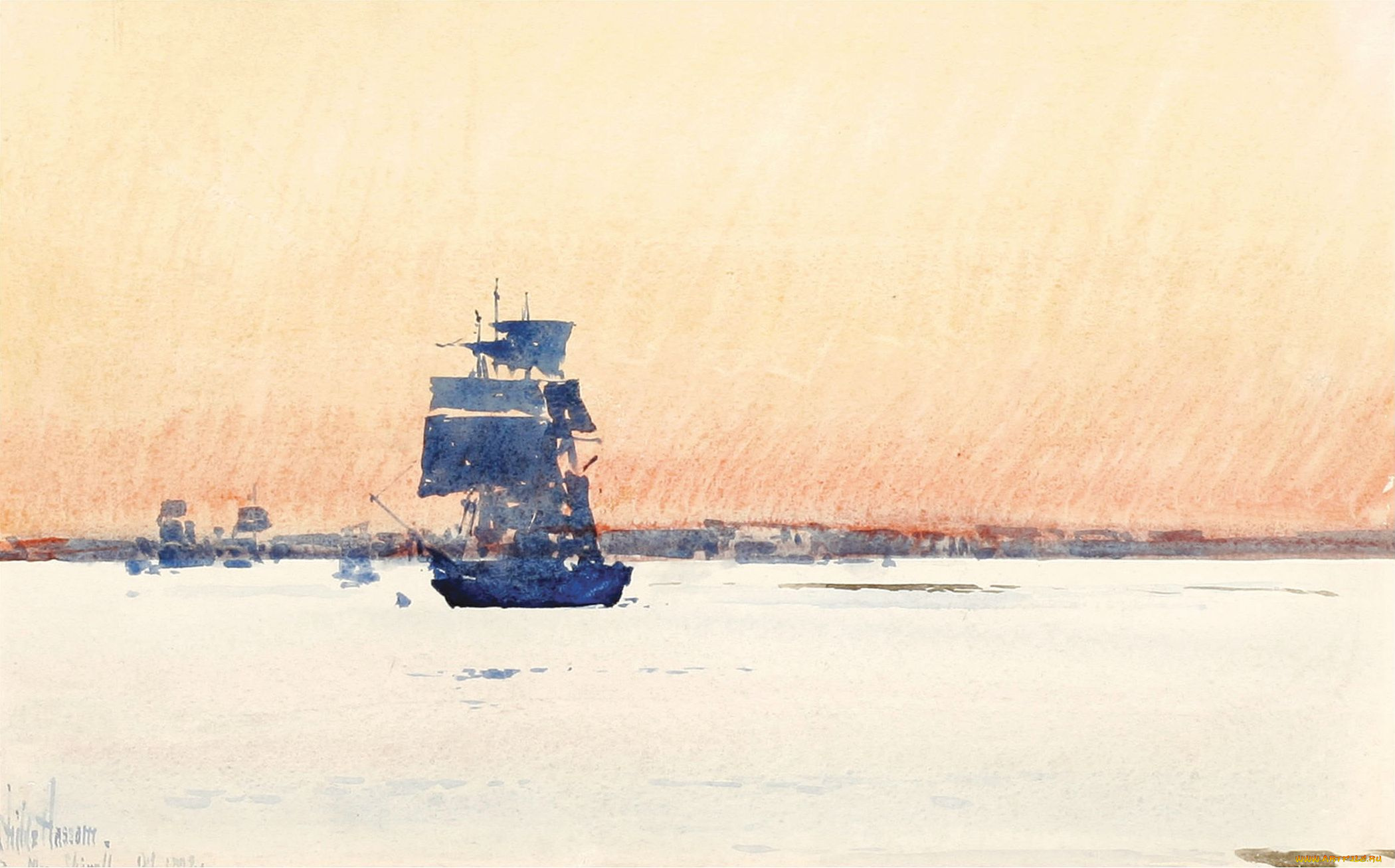 square, rigger, рисованное, frederick, childe, hassam, небо, парусники, корабли, море
