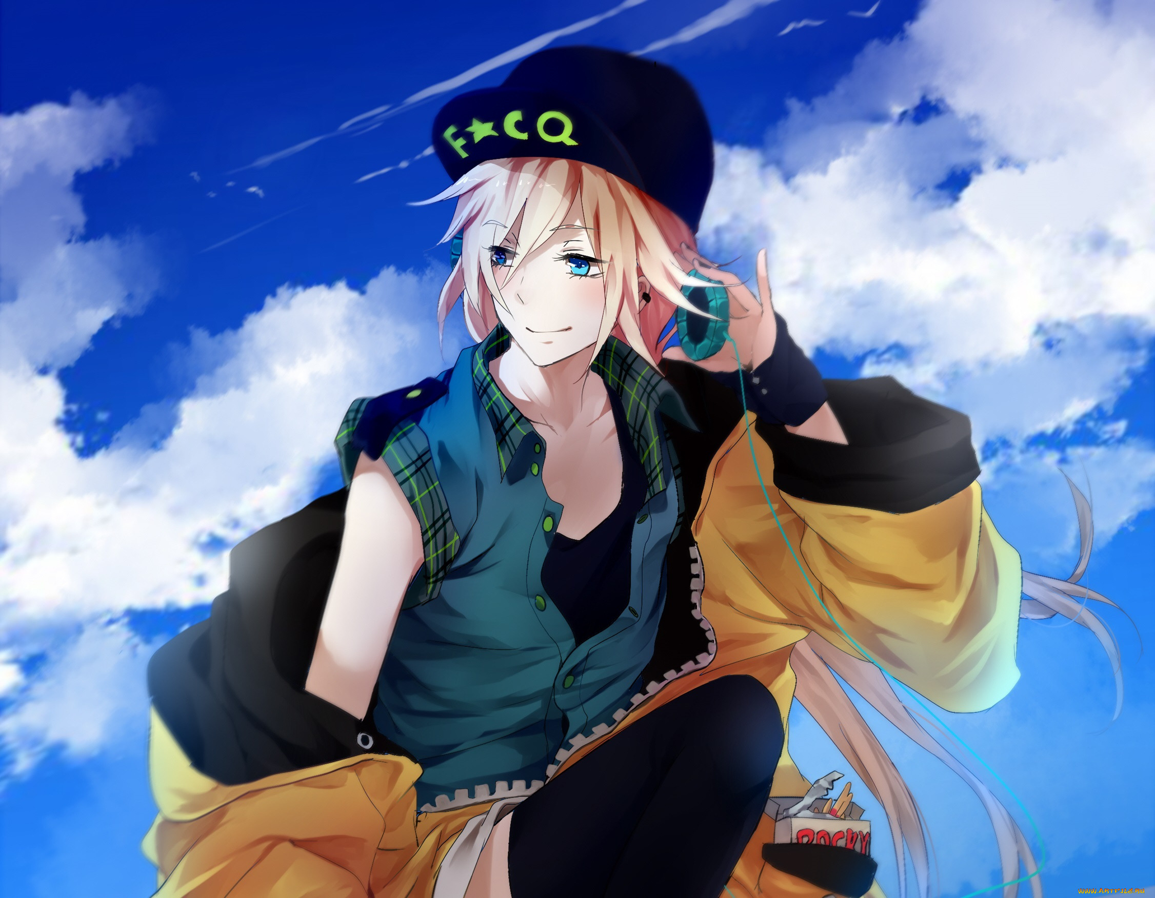 аниме, музыка, небо, девушка, арт, облака