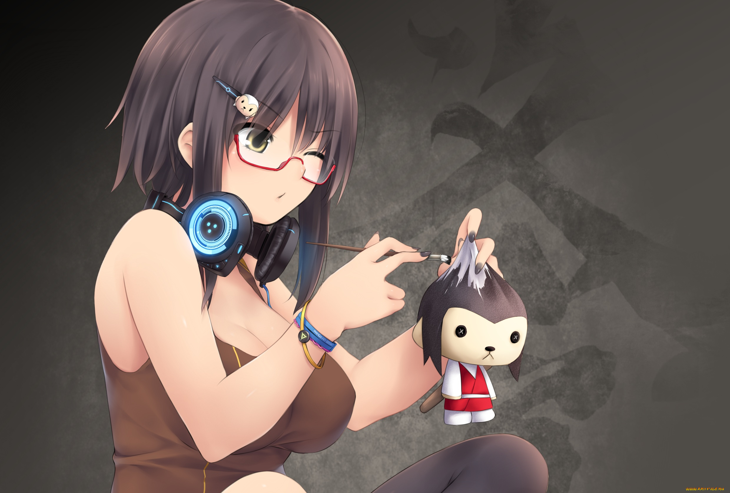 аниме, музыка, наушники, игрушка, девушка, арт, kopianget