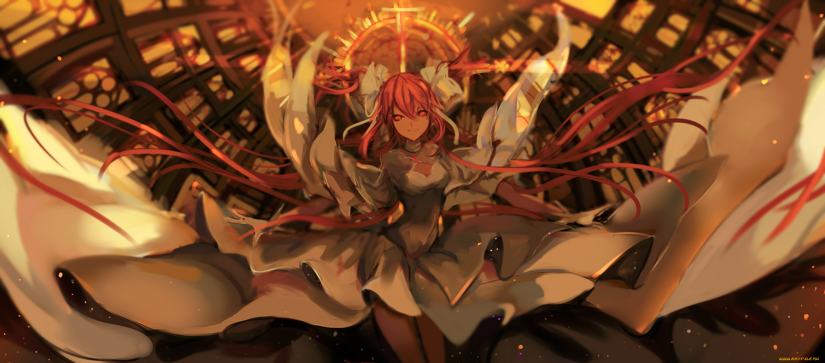 аниме, mahou, shoujo, madoka, magika, jiecao, окна, goddess, madoka, kaname, бант, девушка, платье, перчатки, свет