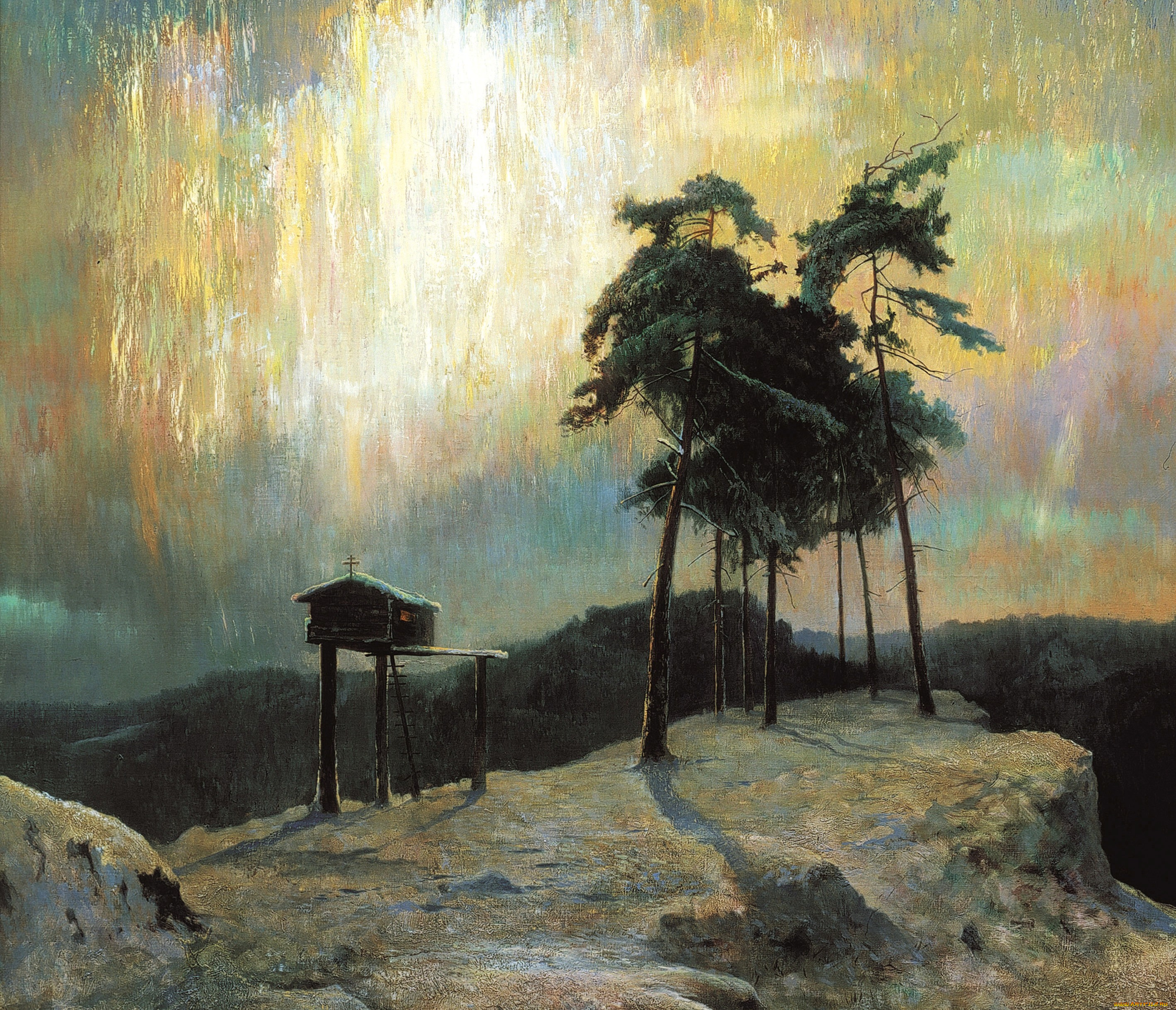 свет, и, во, тьме, светит, рисованное, александр, афонин, скала, избушка, деревья, северное, сияние