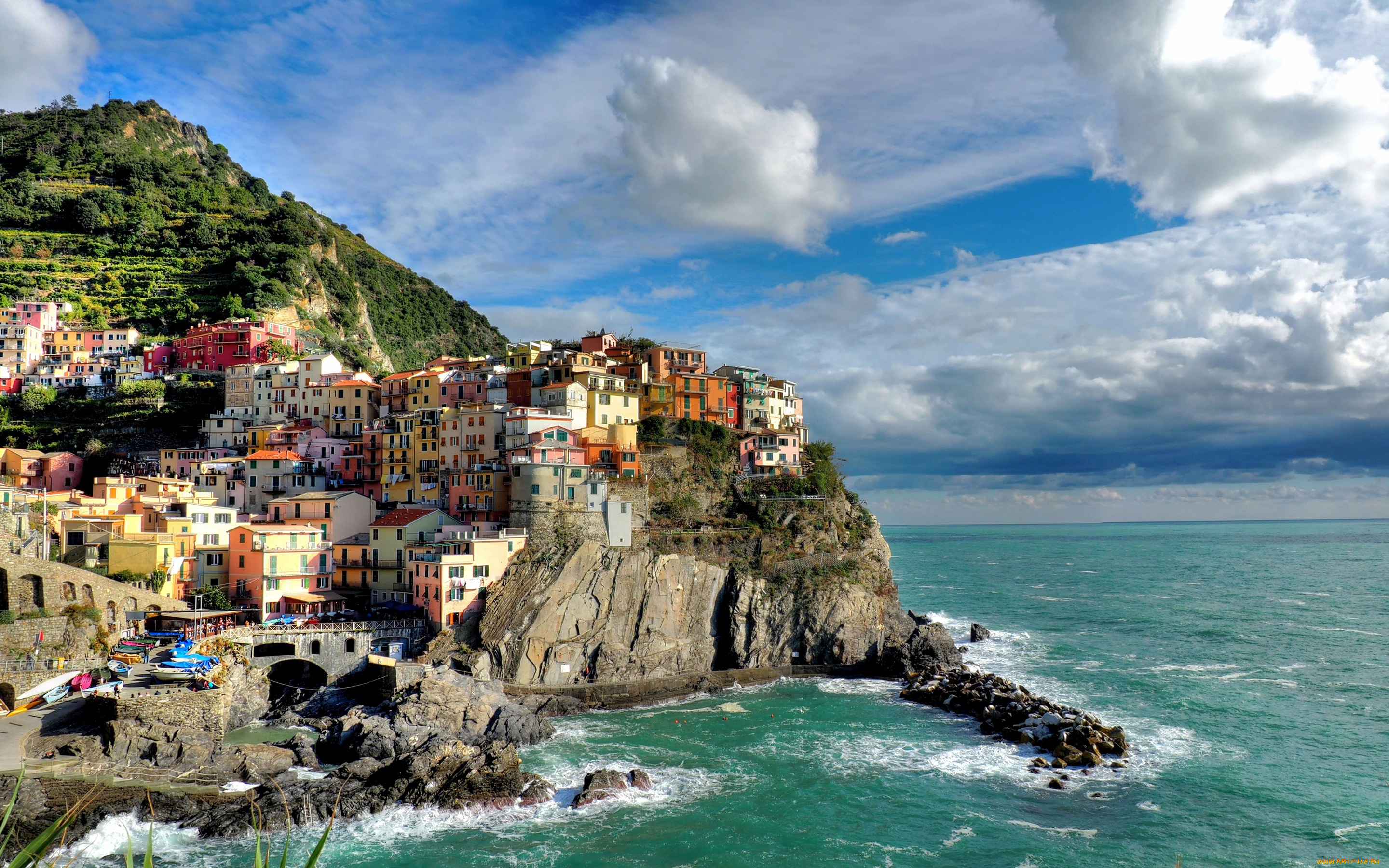 города, -, пейзажи, скалы, море, Чинкве-терре, италия, манарола, облака, пейзаж, дома